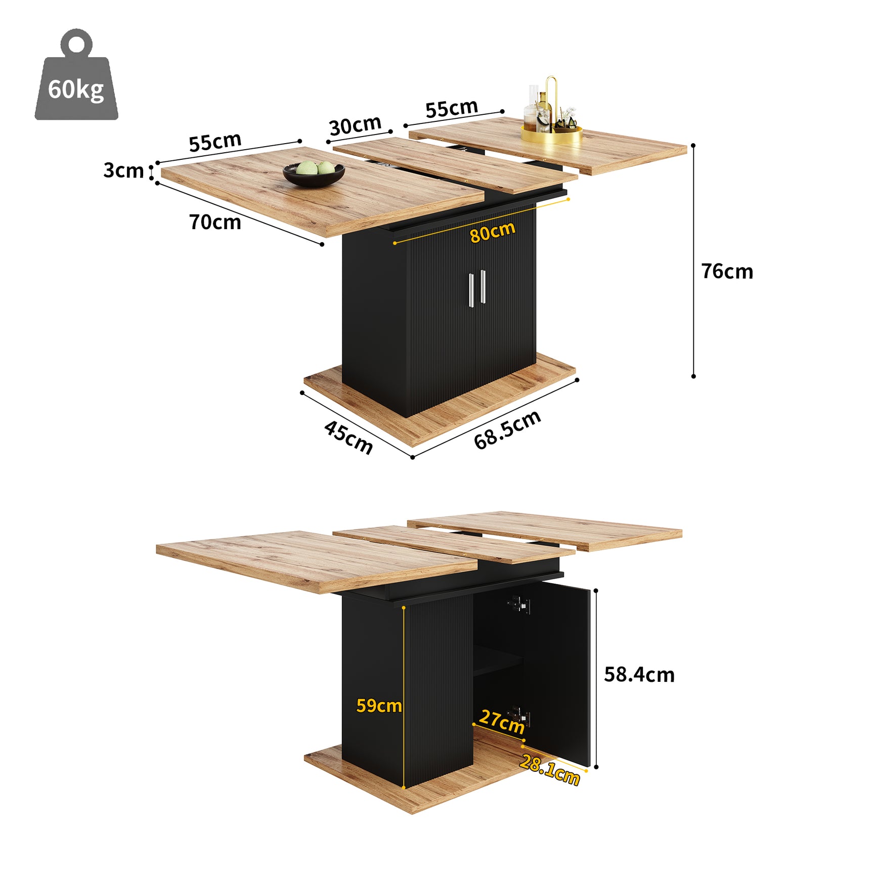Extensible dining table 140/180x80x75 cm with MDF tray white marble effect and black metal feet