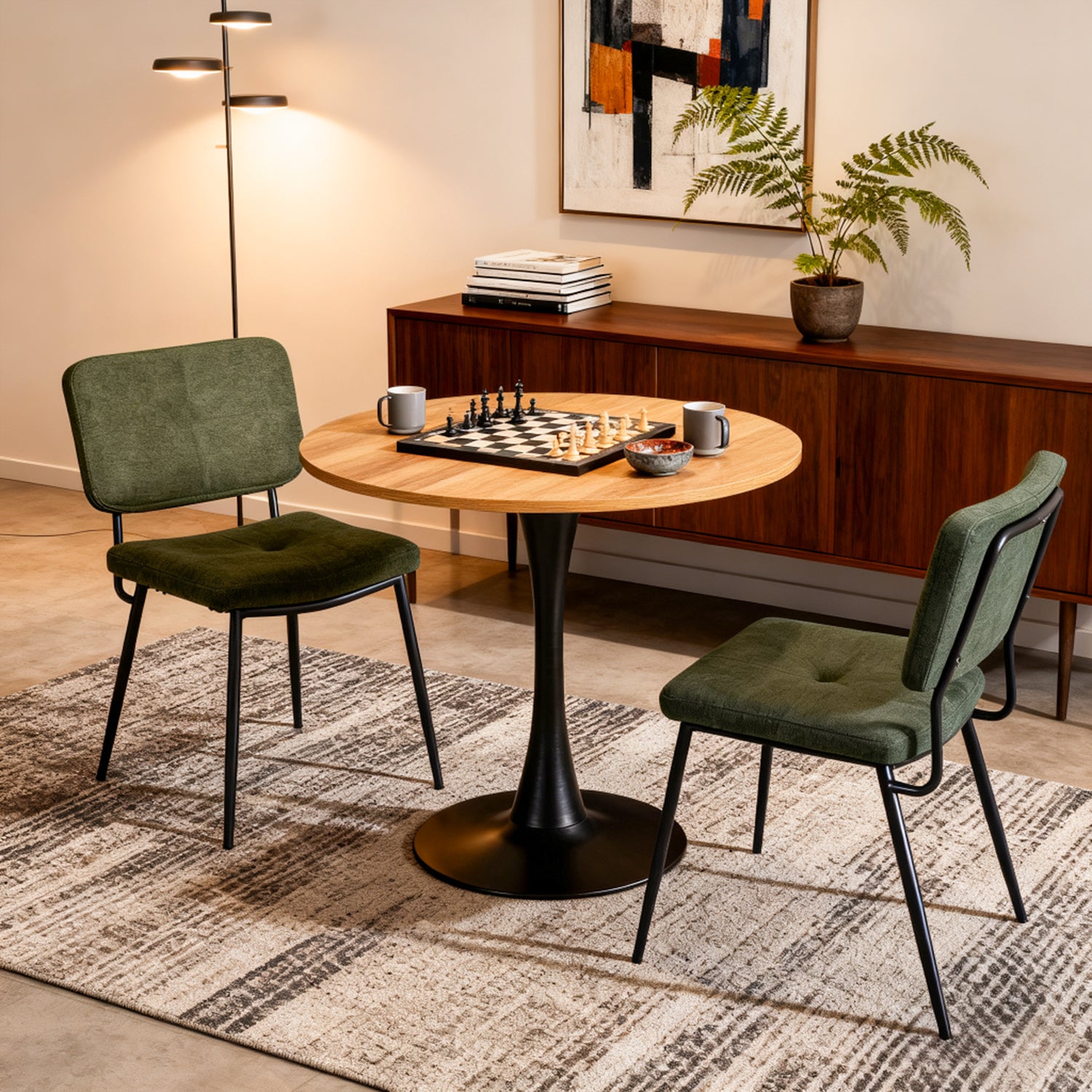 Ensemble de salle à manger de style scandinave composé d'une table ronde en chêne et de 2 chaises en tissu vert