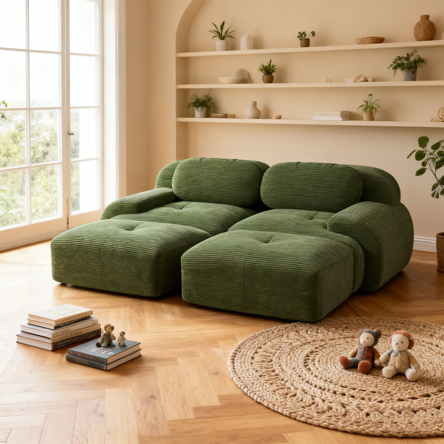 Ensemble de canapés avec accoudoirs incurvés et base antidérapante en tissu velours côtelé doux pour le salon, vert, siège 2 + tabouret 2