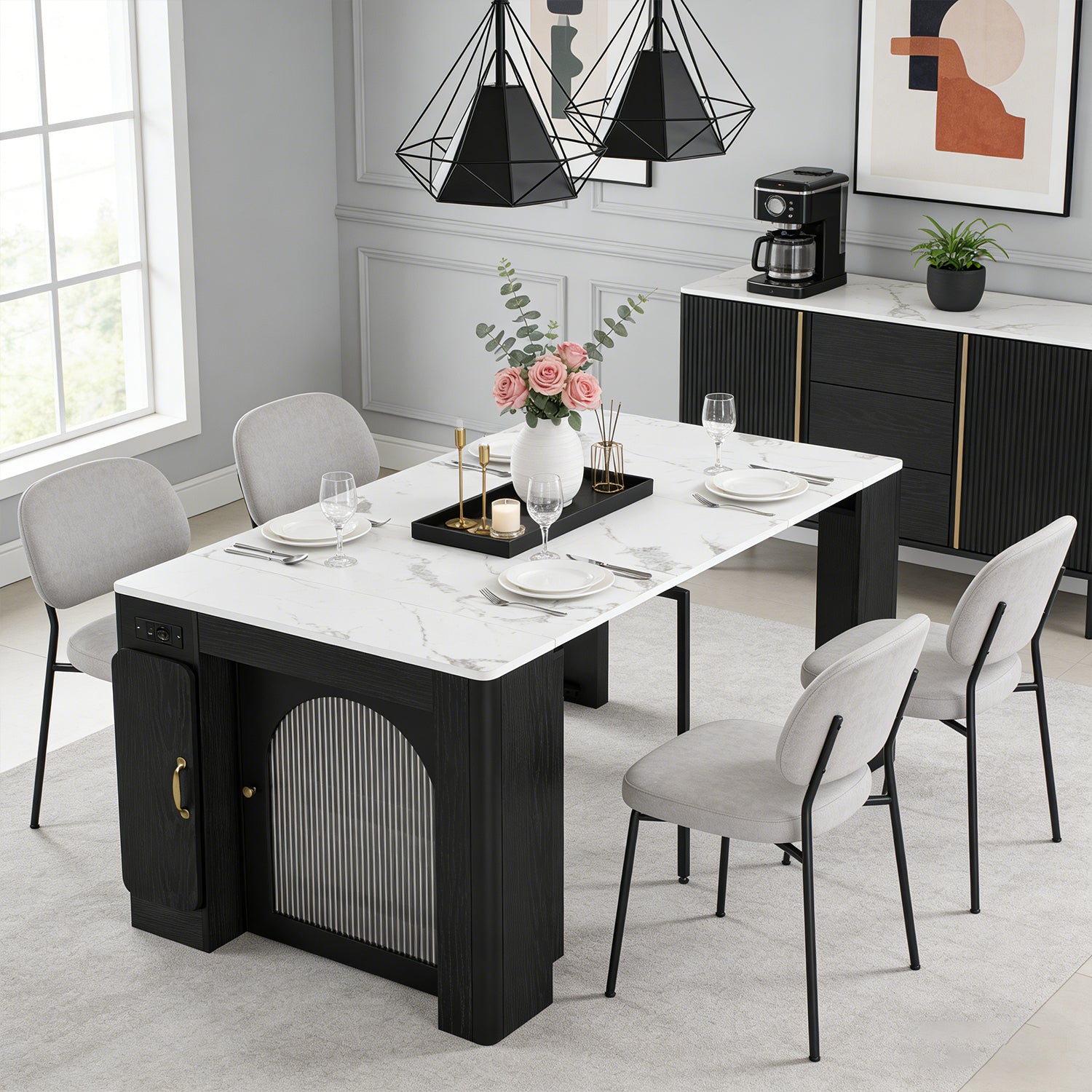 Ausziehbarer Esstisch 140/180 x 80 x 75 cm mit MDF-Platte in weißem Marmoreffekt und schwarzen Metallbeinen