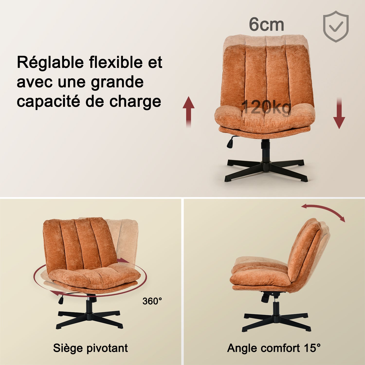 Fauteuil de relaxation réglable et pivotant avec accoudoirs et assise épaisse en chenille rouge - CONFOD