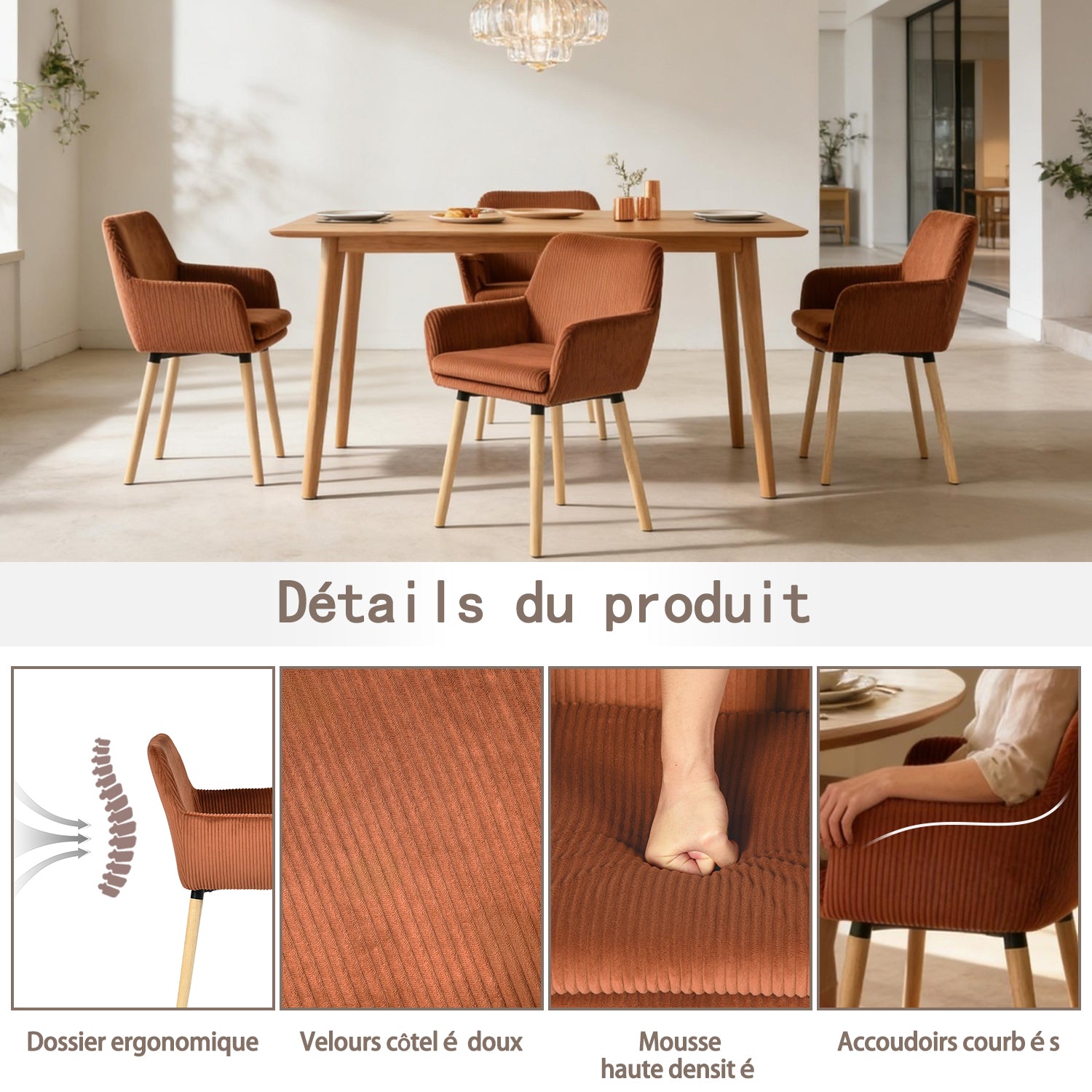Lot de 2 chaises de salle à manger de style scandinave avec pieds en bois et accoudoirs en velours côtelé rouge - ELIA