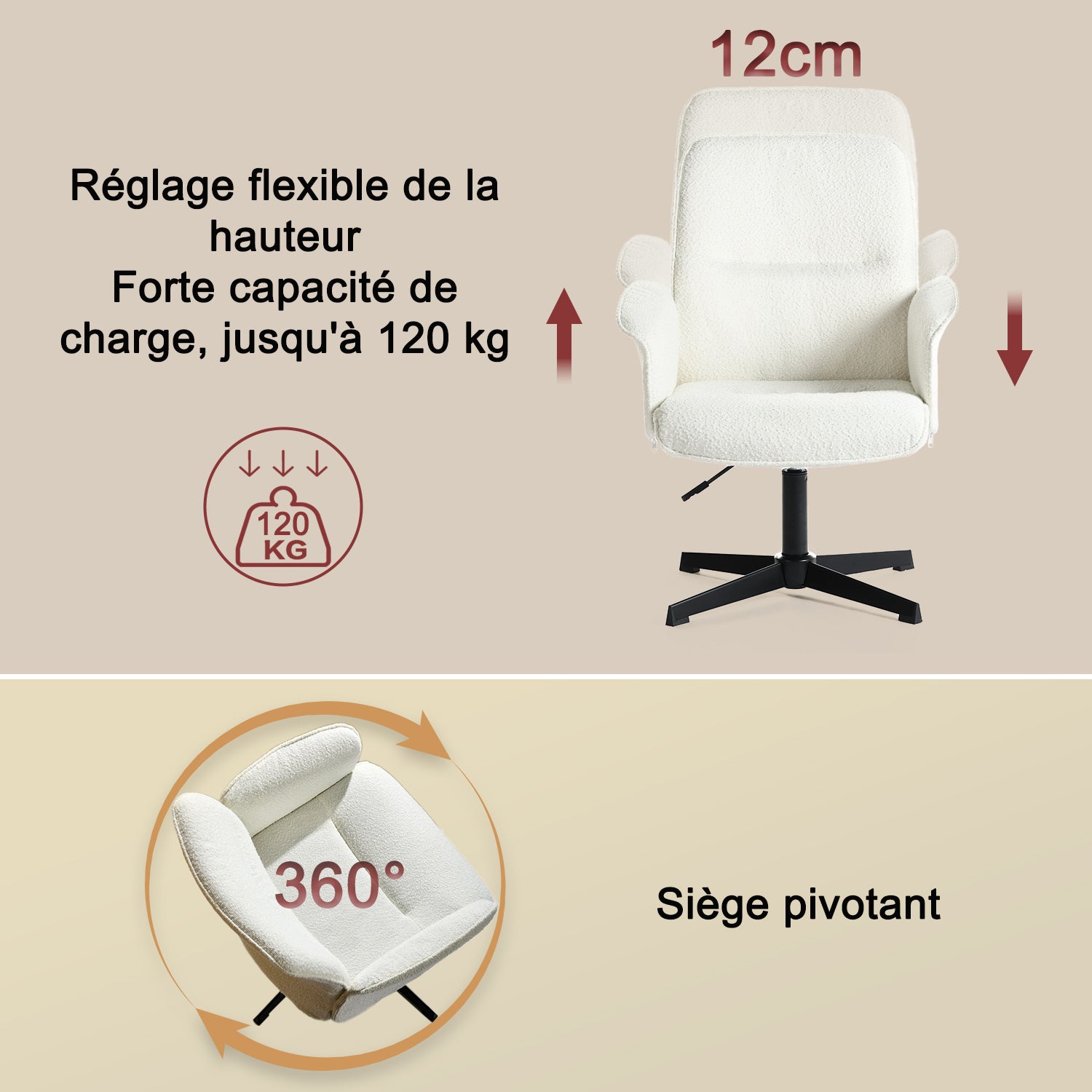 Fauteuil de bureau ergonomique réglable pivotant avec accoudoirs en tissu bouclette blanc - THOMASINA