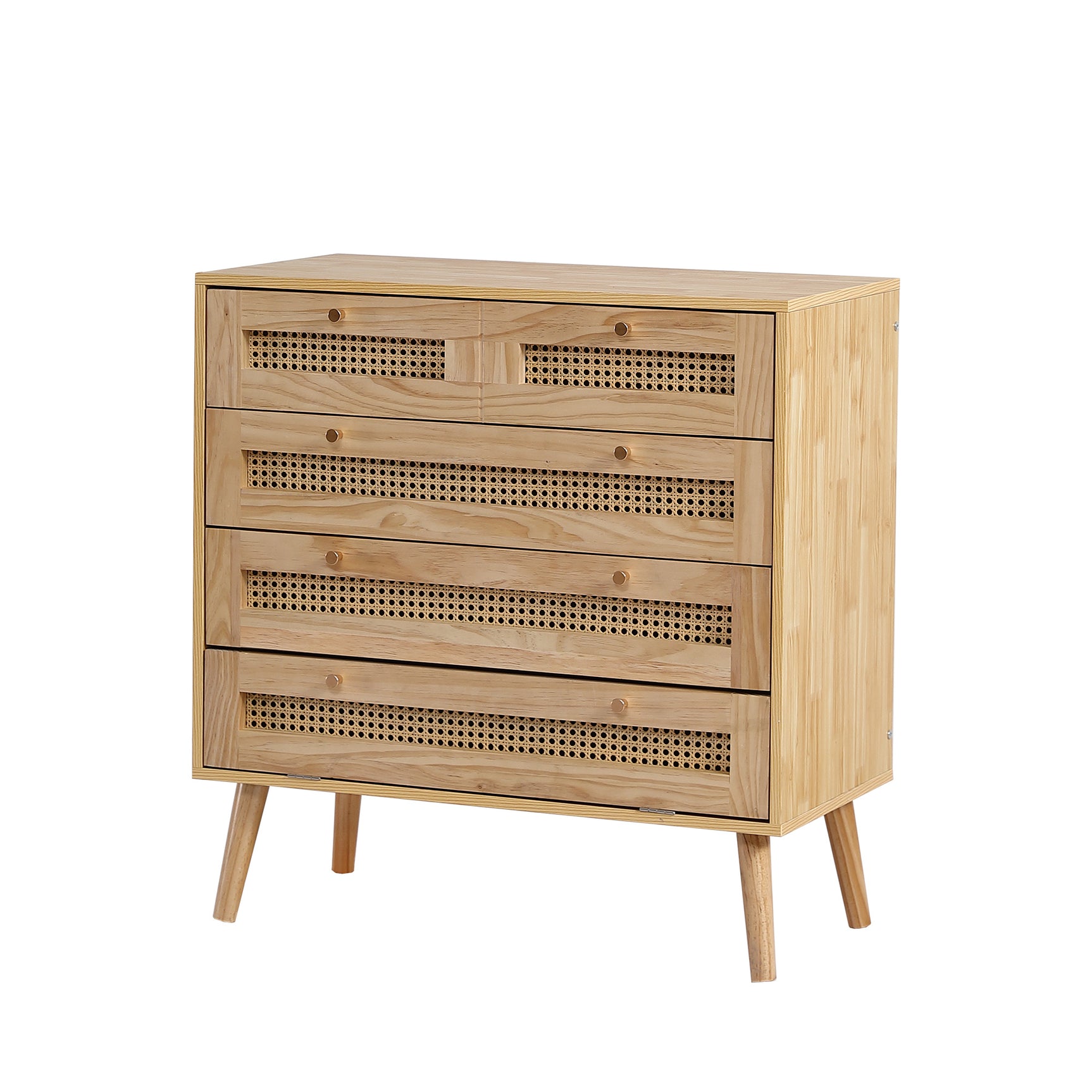 Commode classique à 3 tiroirs, avec dessus de tiroir en rotin, couvercle inférieur rabattable, poignée en métal doré et pieds en bois, offrant un espace de rangement pour le salon et la chambre