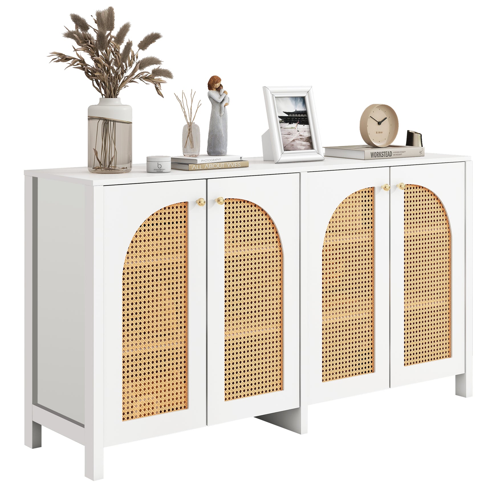 Modernes weißes Buffet in MDF mit 4 Pe -Rattan -Türen und Metallgriffen