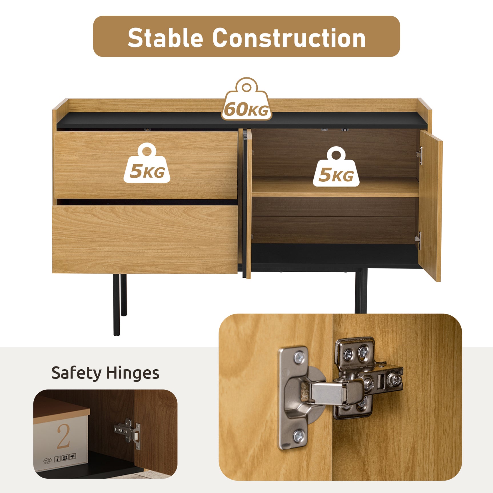 Modernes minimalistisches Buffet 130 cm mit 2 Schubladen, Türen und verstellbares Regal, schwarzes Tablett und Eichendekor, schwarze Metallfüße