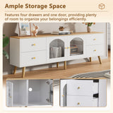 Meuble TV avec 4 tiroirs et 2 portes vitrées en verre trempé, design moderne blanc et bois naturel