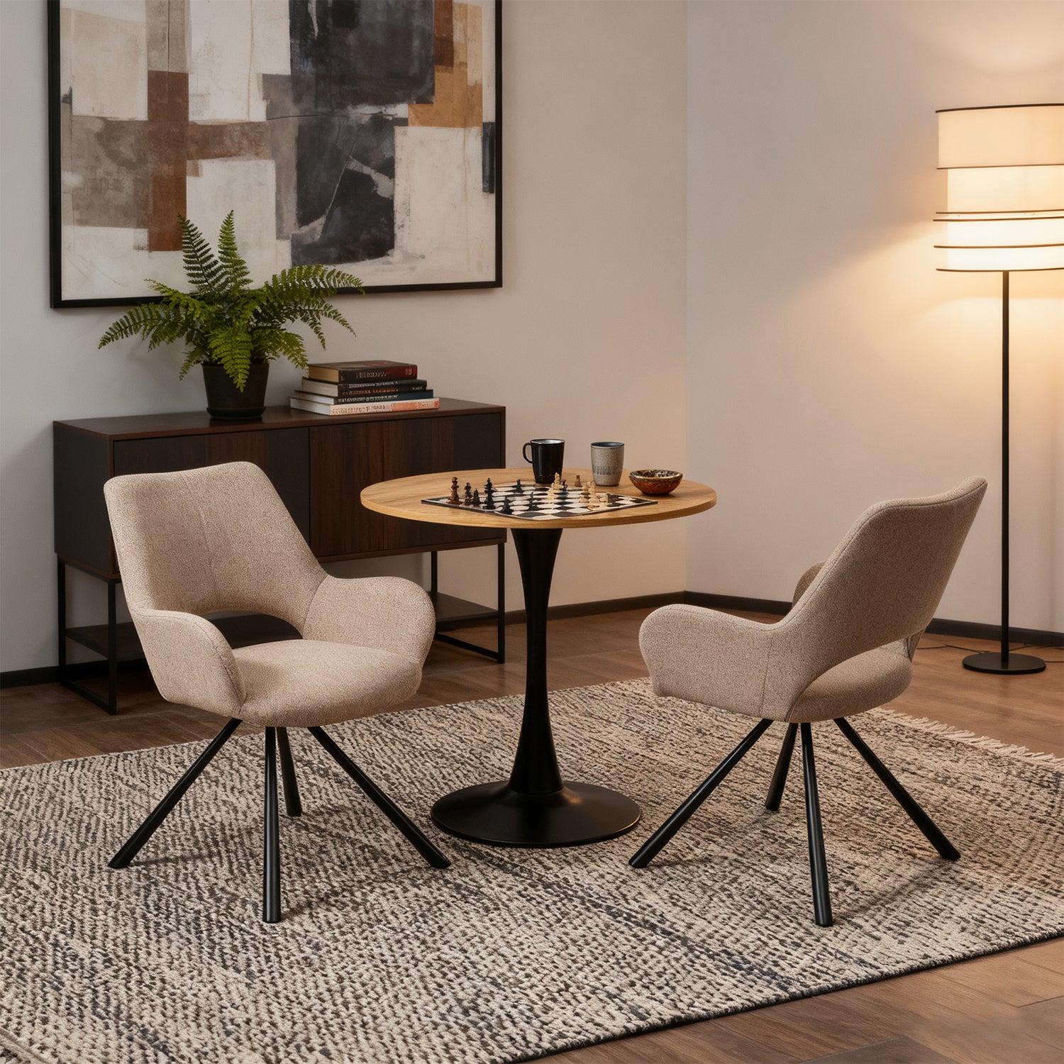 Round Table Table Table Table Timber Ø80 cm with 4 black velvet chairs, modern and comfortable style