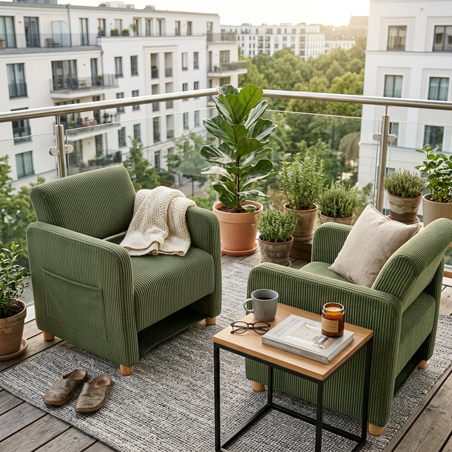Lounge armchair with armrests in beige corduroy - DOMCO