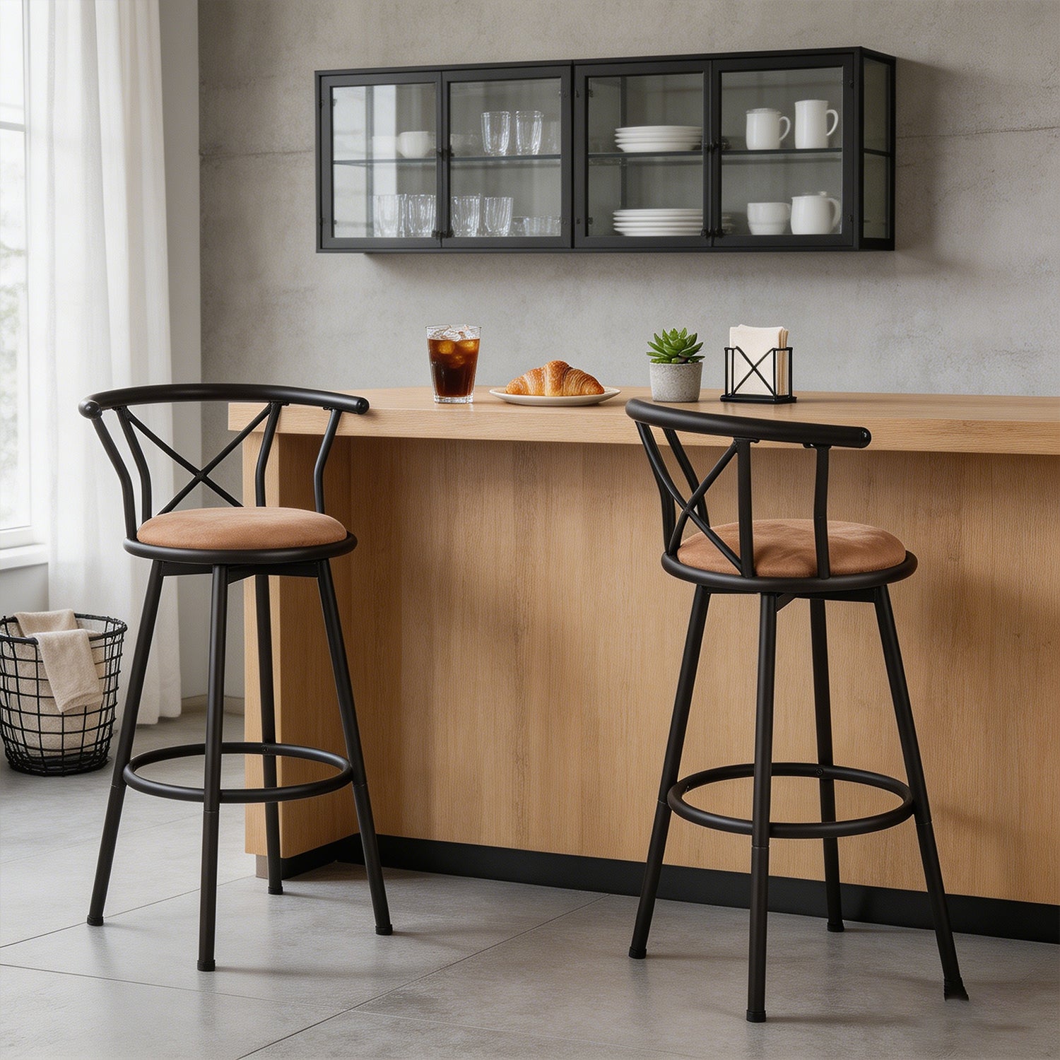 Lot de 2 tabourets de bar industriels pivotants avec dossier en tissu marron - HAILEY 29