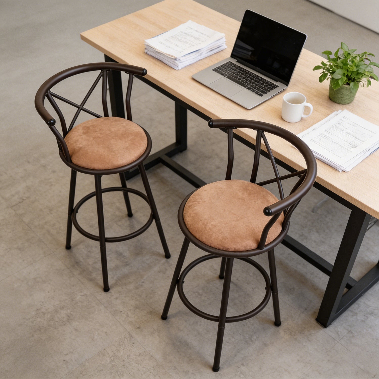 Lot de 2 tabourets de bar industriels pivotants avec dossier en tissu marron - HAILEY 29