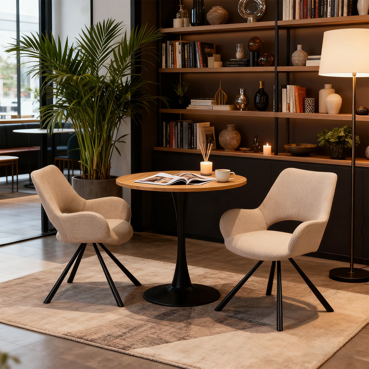 Round Table Table Table Table Timber Ø80 cm with 4 black velvet chairs, modern and comfortable style