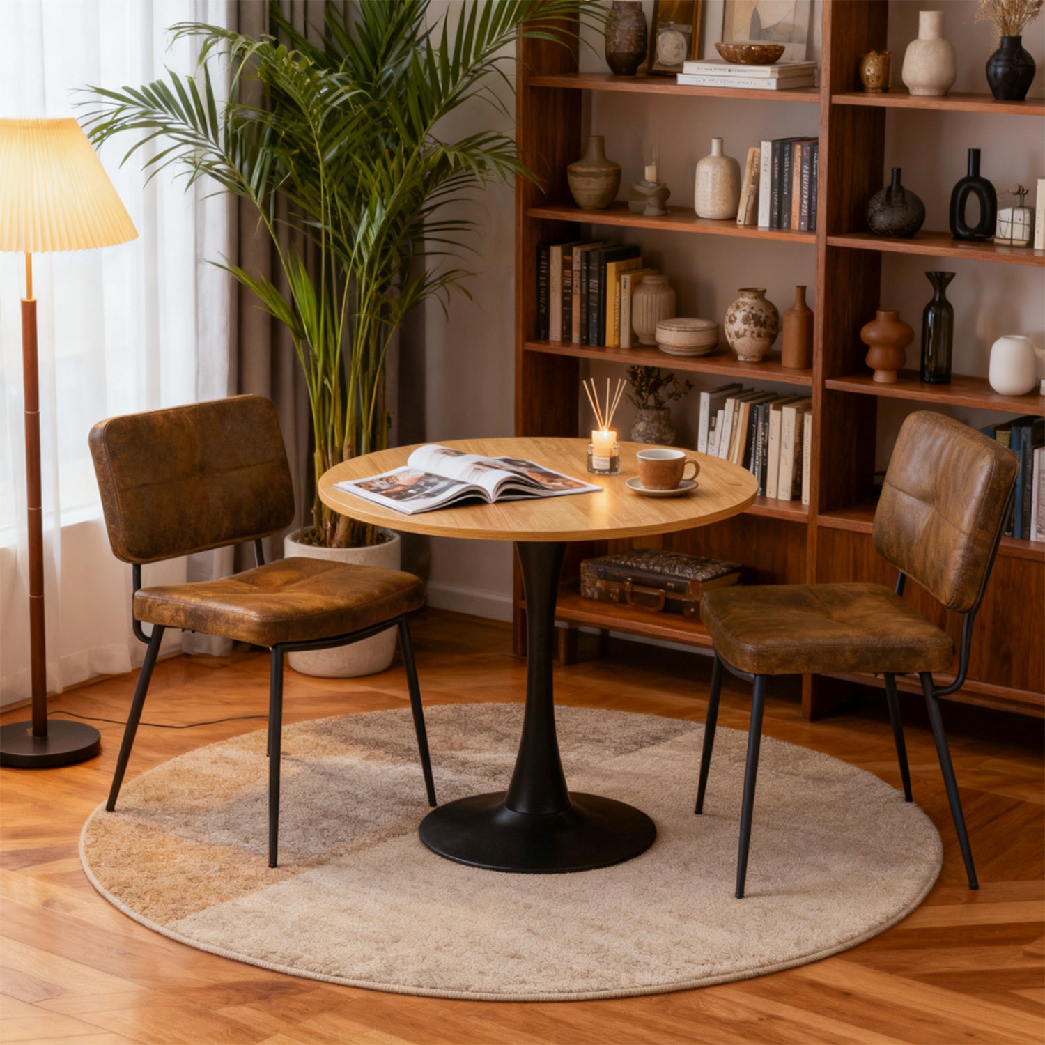 Ensemble de salle à manger de style scandinave composé d'une table ronde en chêne et de 2 chaises en suédine marron à assise rembourrée