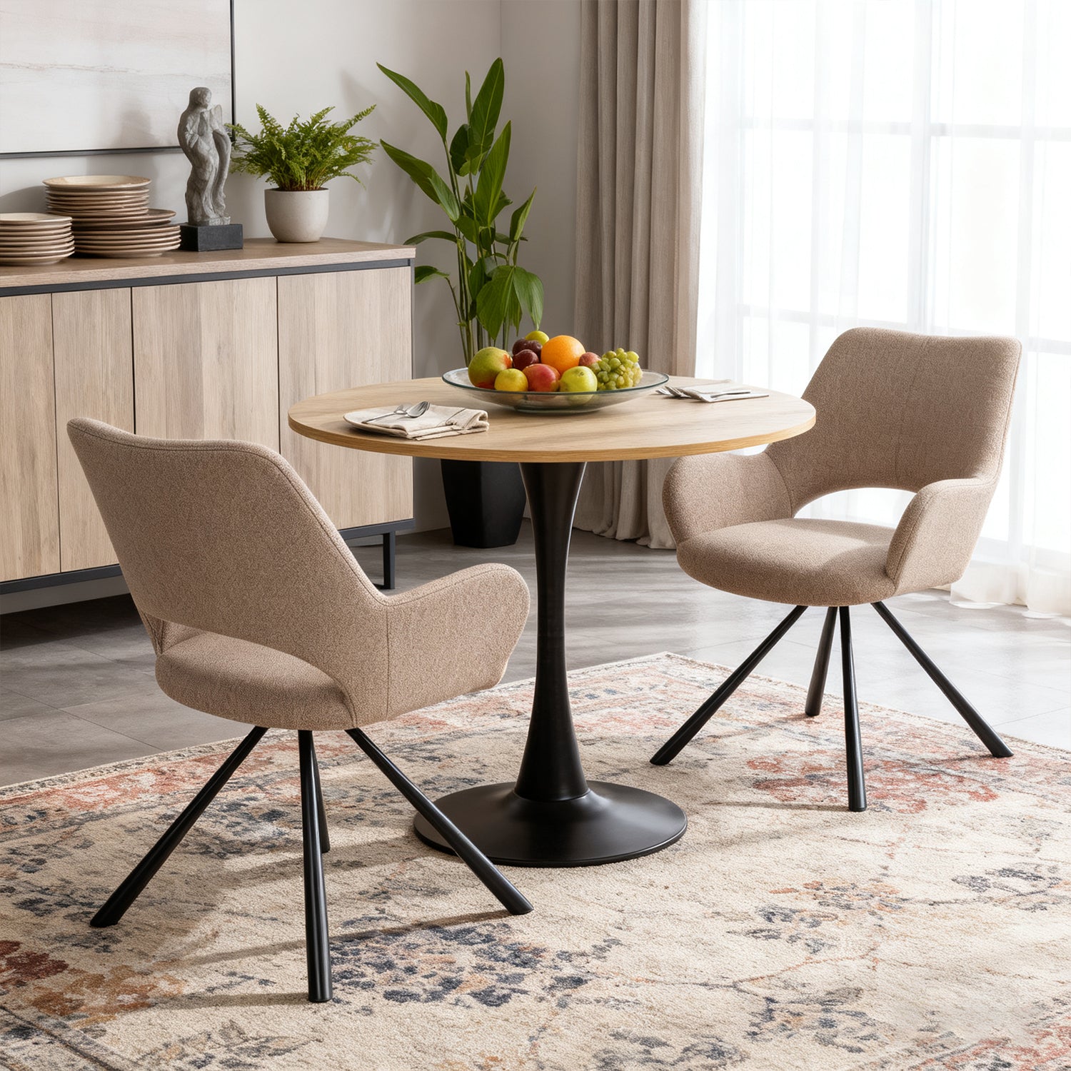 Round Table Table Table Table Timber Ø80 cm with 4 black velvet chairs, modern and comfortable style
