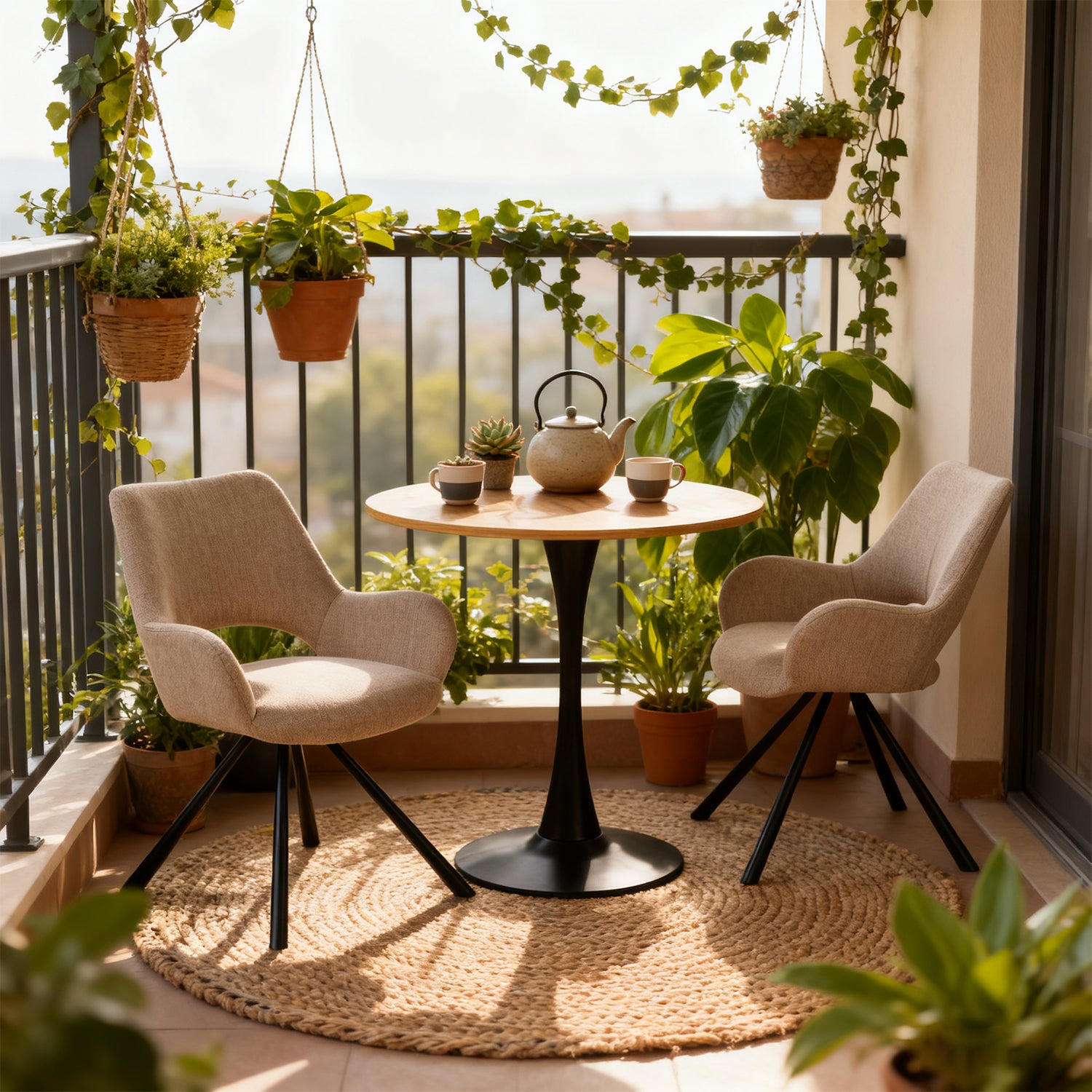Round Table Table Table Table Timber Ø80 cm with 4 black velvet chairs, modern and comfortable style