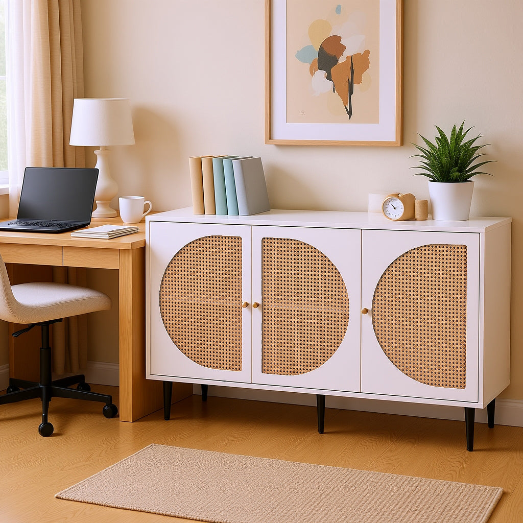 Modernes weißes Buffet mit 3 Rattan -Türen und Metallfüßen