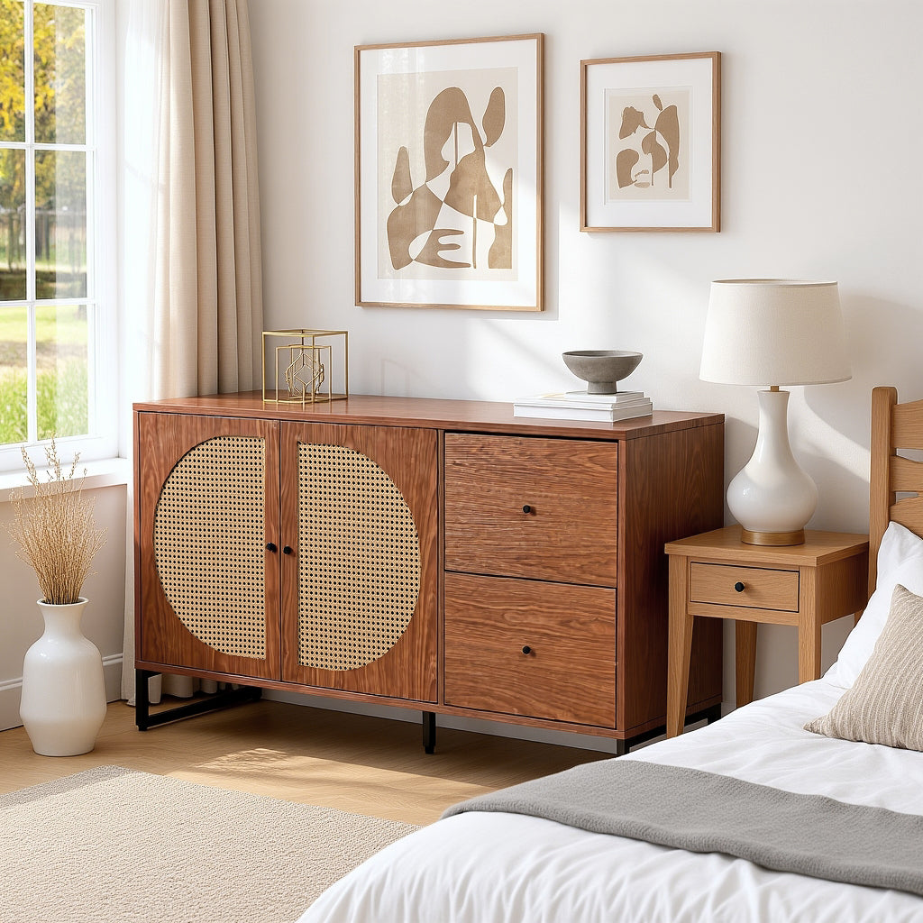 Walnut buffet with 2 rattan doors and 2 drawers
