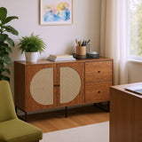 Walnut buffet with 2 rattan doors and 2 drawers