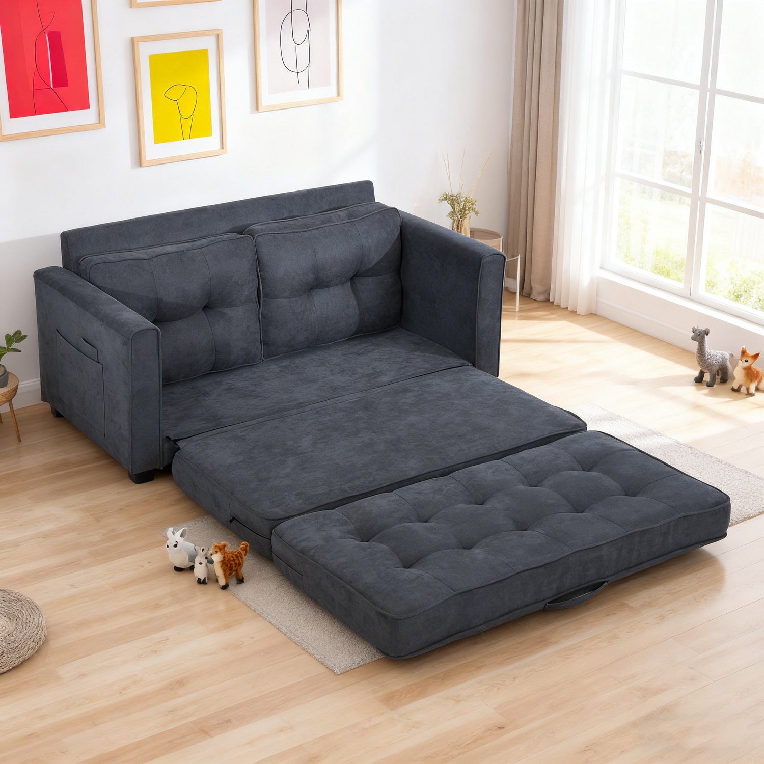 Canapé-lit 2 places en tissu gris foncé avec poches latérales, sofa convertible moderne