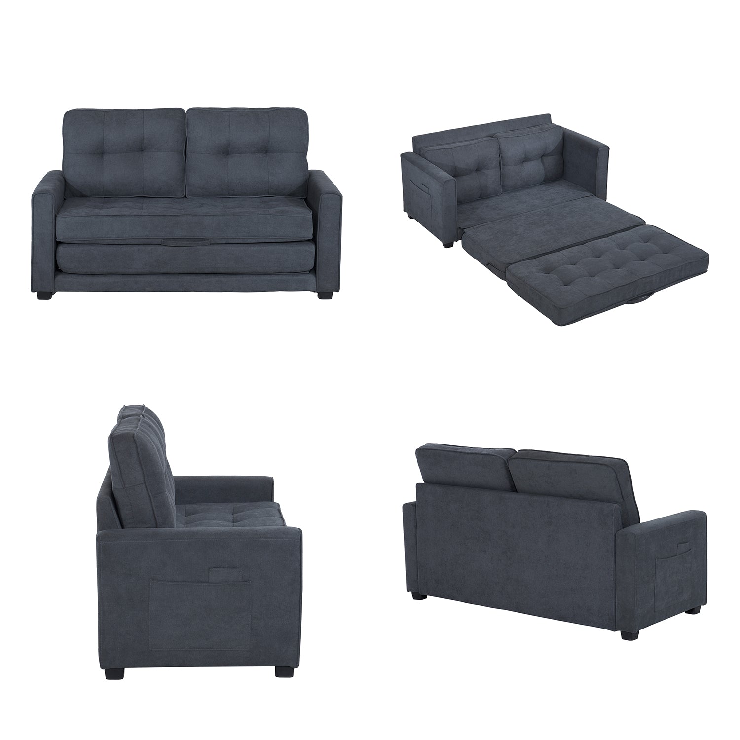 Canapé-lit 2 places en tissu gris foncé avec poches latérales, sofa convertible moderne