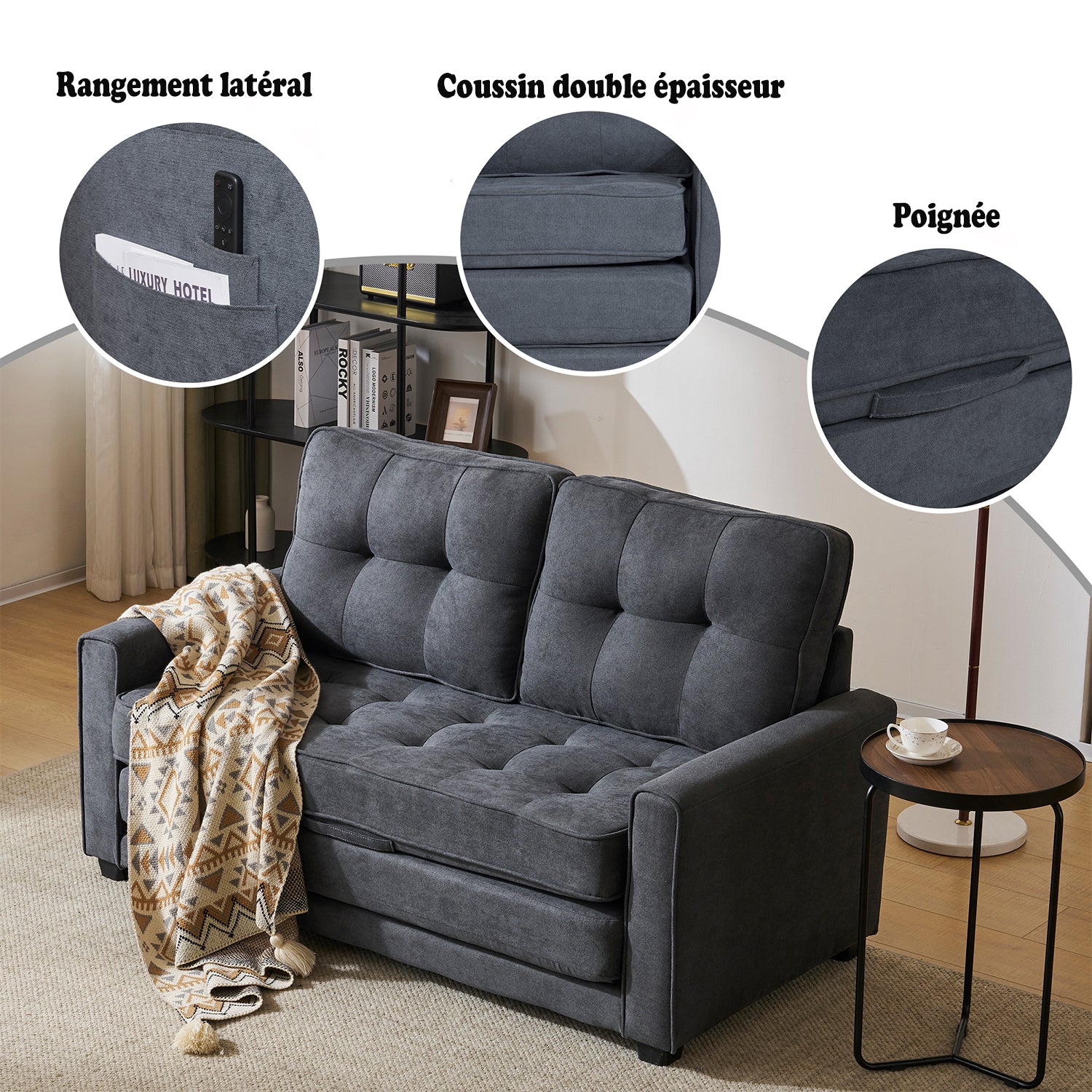Canapé-lit 2 places en tissu gris foncé avec poches latérales, sofa convertible moderne