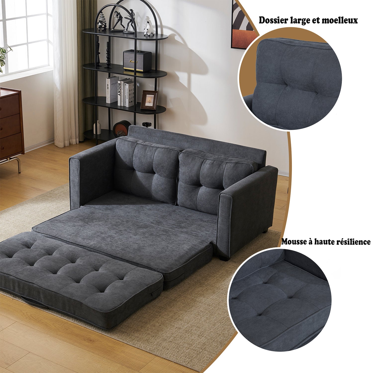 Canapé-lit 2 places en tissu gris foncé avec poches latérales, sofa convertible moderne