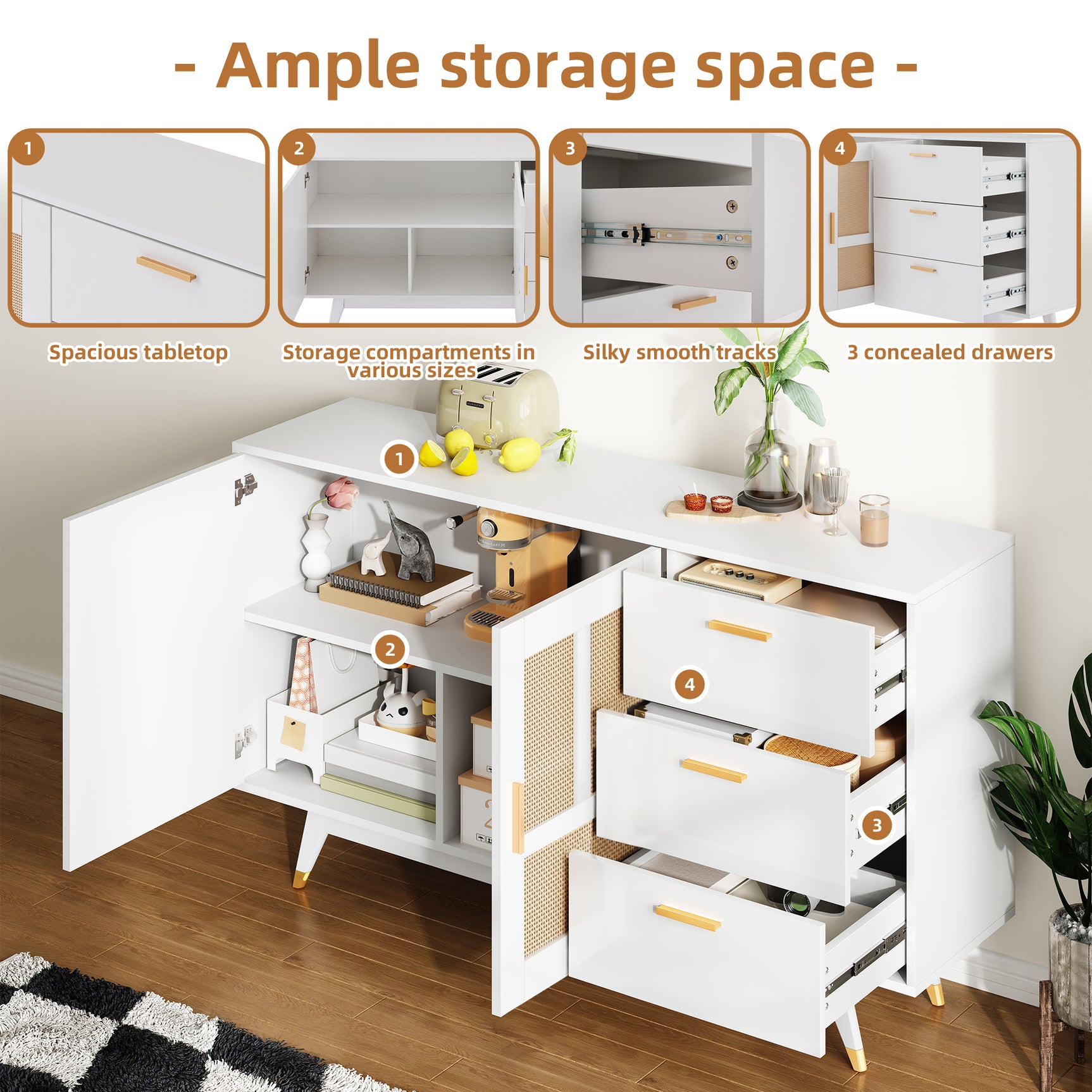 Buffet en rotin blanc décoratif avec 2 portes en rotin et 3 tiroirs, meuble de rangement multifonction élégant avec détails dorés, 160x40x87 cm