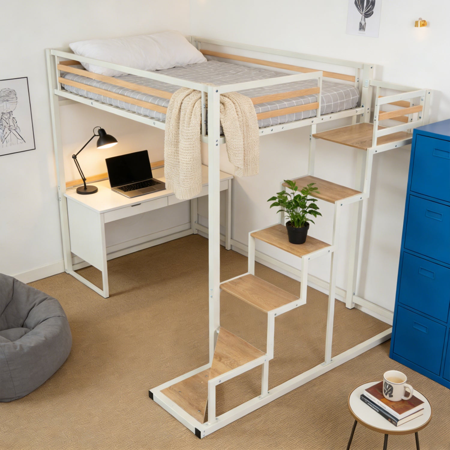 Lit mezzanine 2 places (140x200) avec sommier à lattes au style industriel blanc et bois (matelas non inclus) - UP