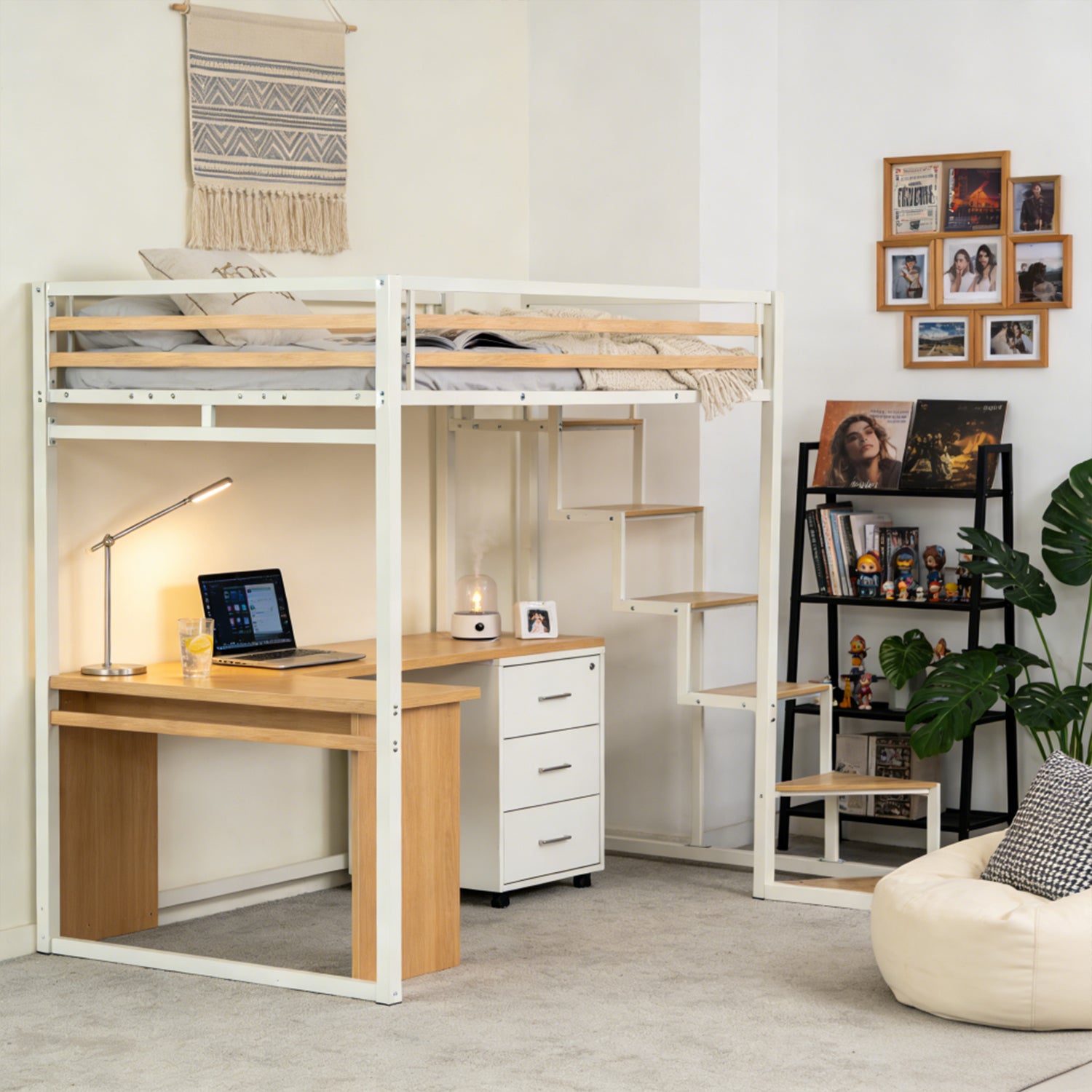 Lit mezzanine 2 places (140x200) avec sommier à lattes au style industriel blanc et bois (matelas non inclus) - UP