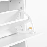 Meuble à chaussures blanc 119x24x122 cm avec 3 tiroirs basculants, tiroir de rangement, étagères réglables et banc rabattable