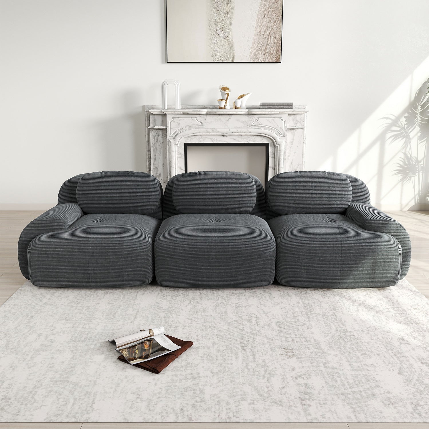 Ensemble de canapés avec accoudoirs incurvés et base antidérapante en tissu velours côtelé doux pour le salon, gris, siège 3