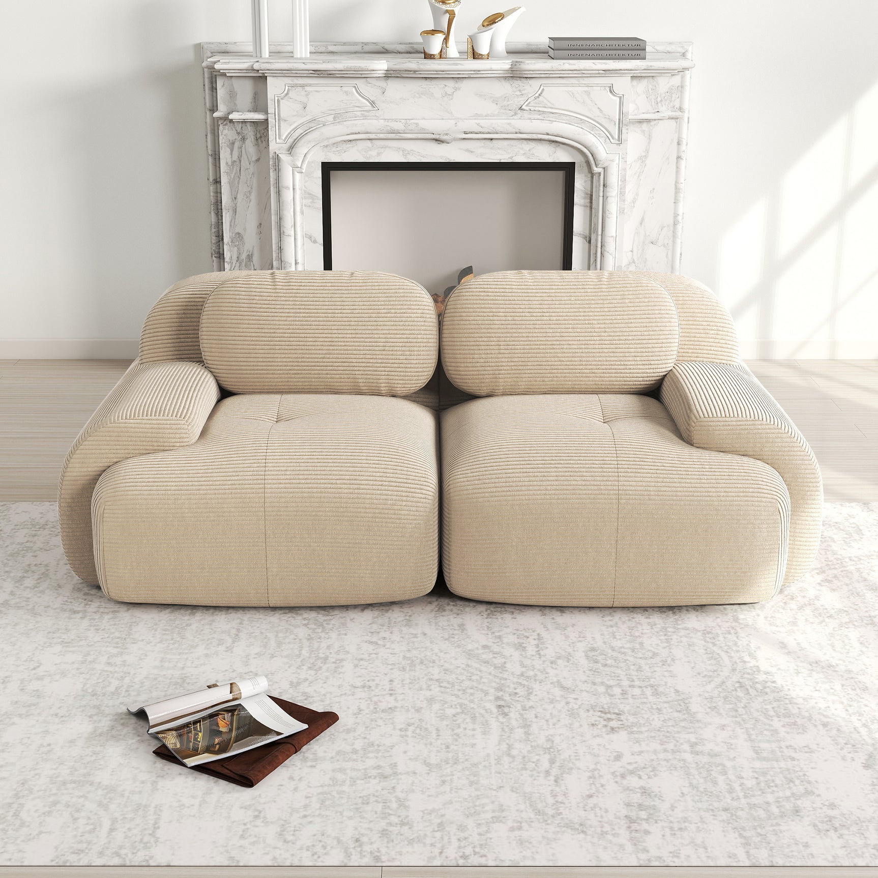 Ensemble de canapés avec accoudoirs incurvés et base antidérapante en tissu velours côtelé doux pour le salon, beige,siège 2
