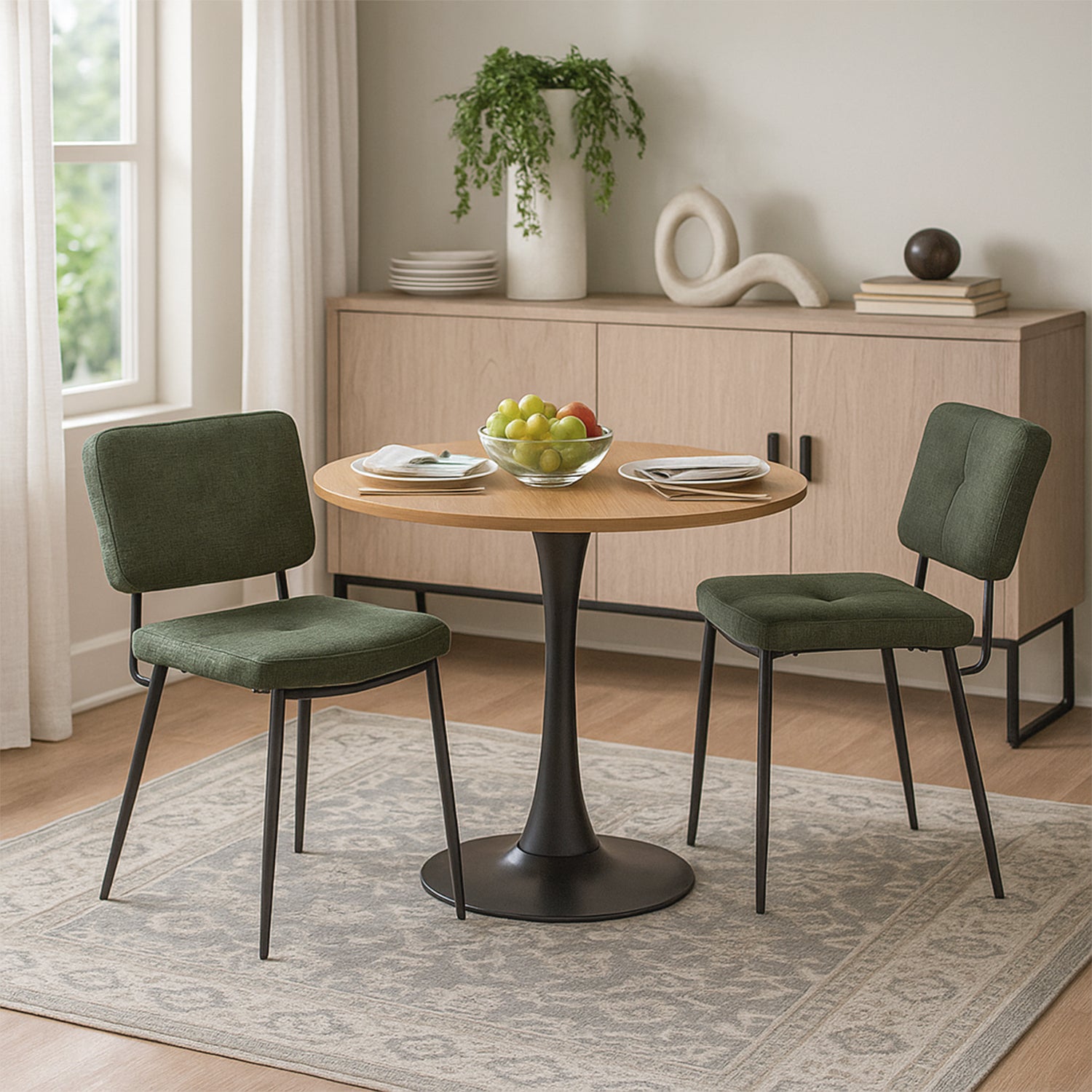 Ensemble de salle à manger de style scandinave composé d'une table ronde en chêne et de 2 chaises en tissu vert