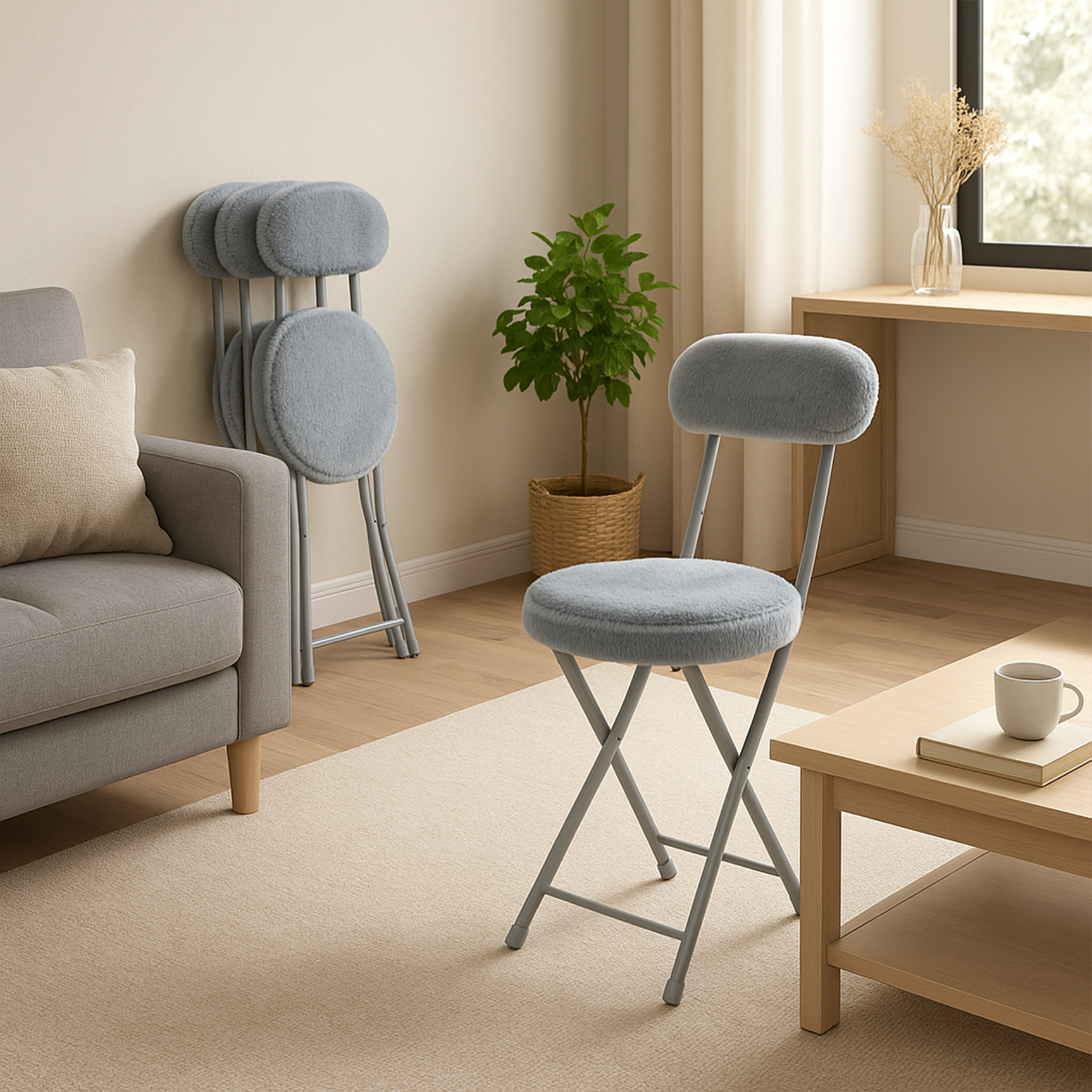 Lot de 4 chaises/tabourets pliantes, assise ronde en tissu effet fausse fourrure grise - ERNST