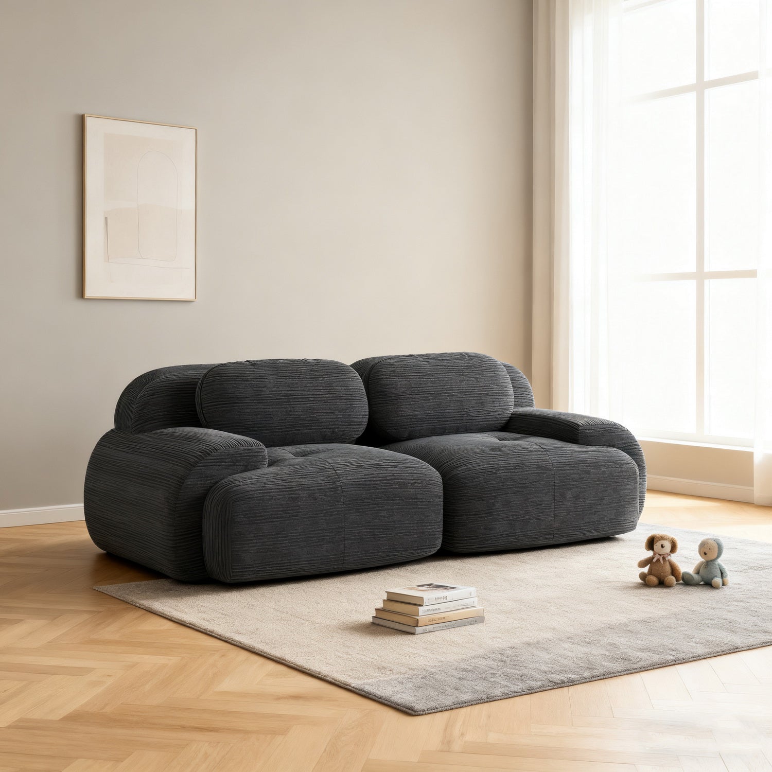 2-seater sofa bed in dark gray fabric with side pockets, modern convertible sofa