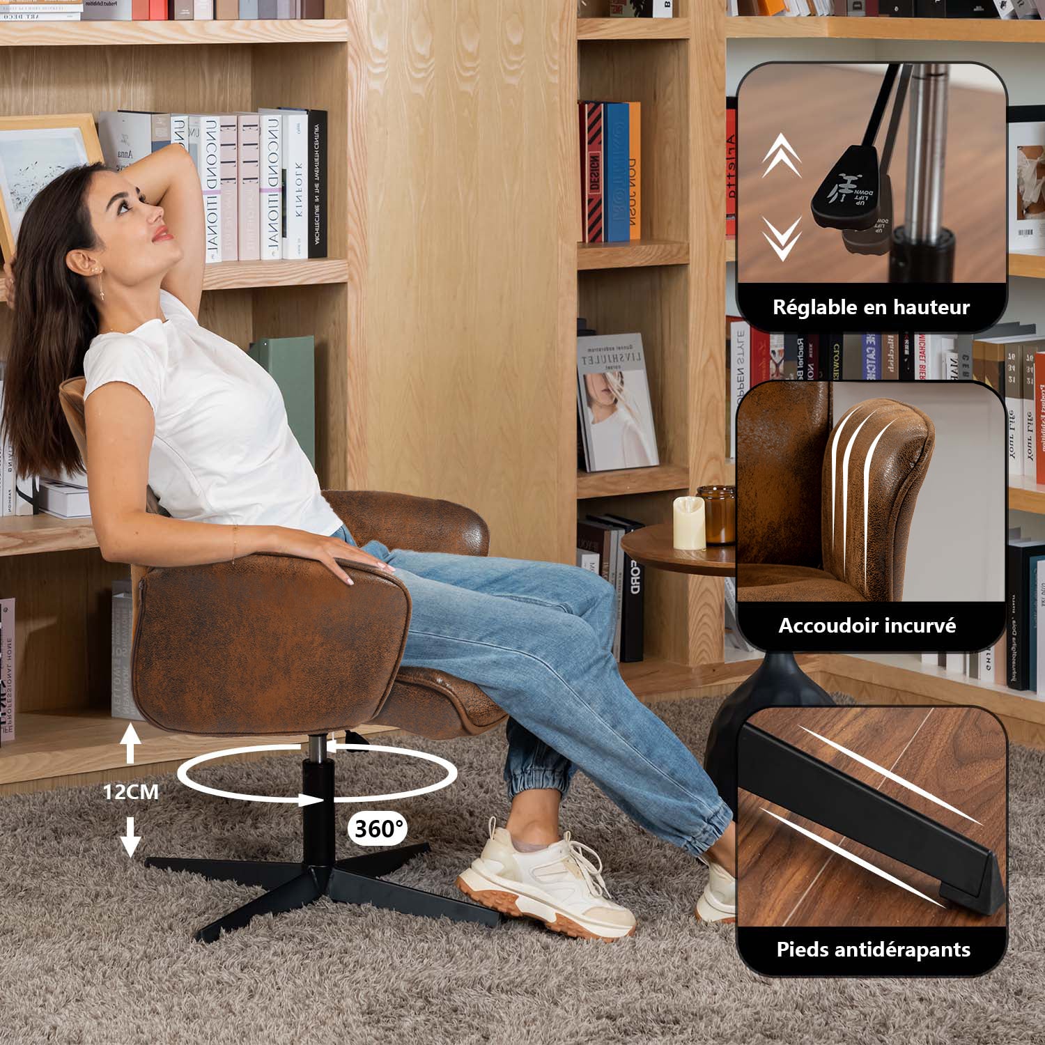 Fauteuil de bureau ergonomique réglable pivotant avec accoudoirs en suédine - THOMASINA