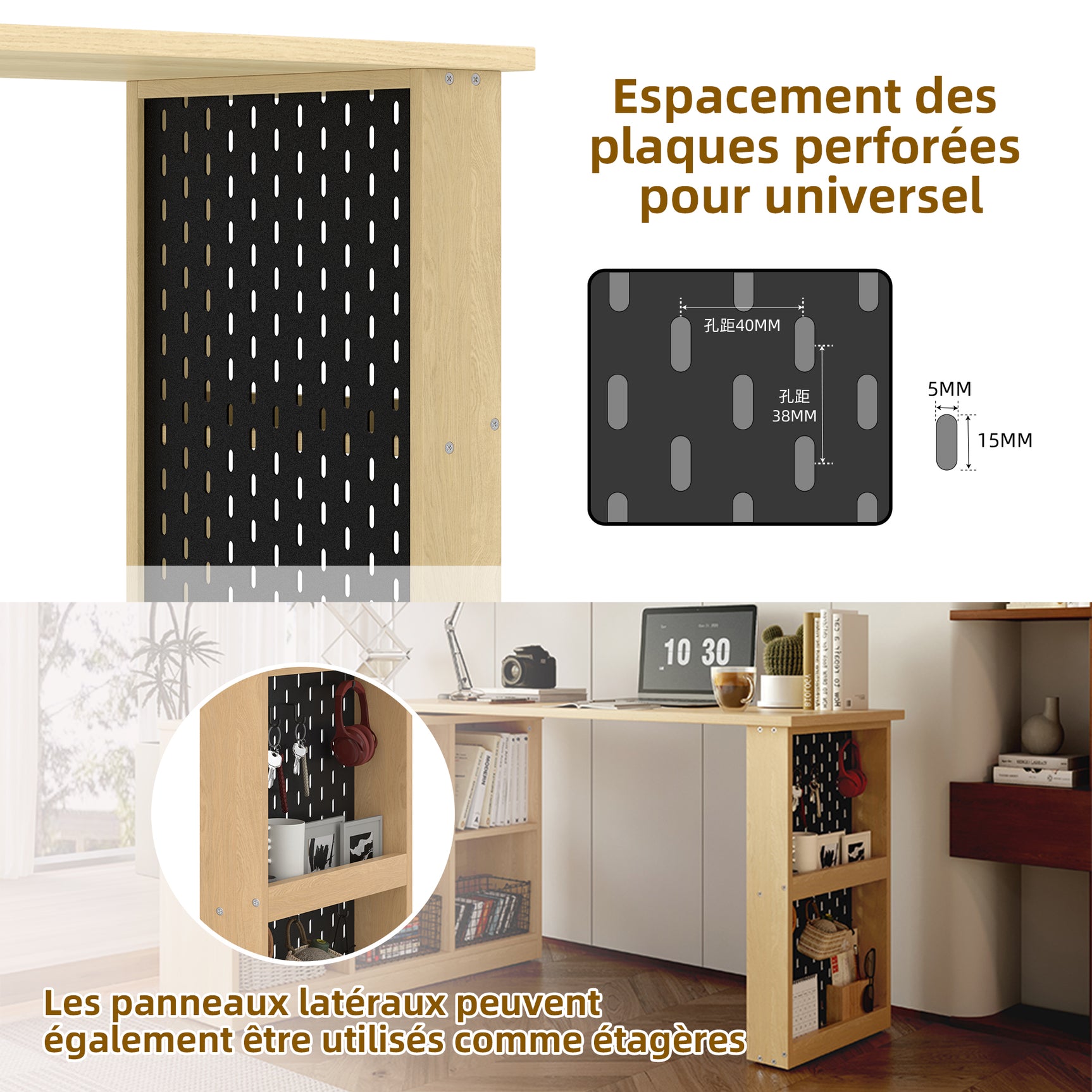 Multifunctional desk 140x104x75 cm in MDF wood with 6 storage compartments, thick tray, shelf and perforated metallic panel