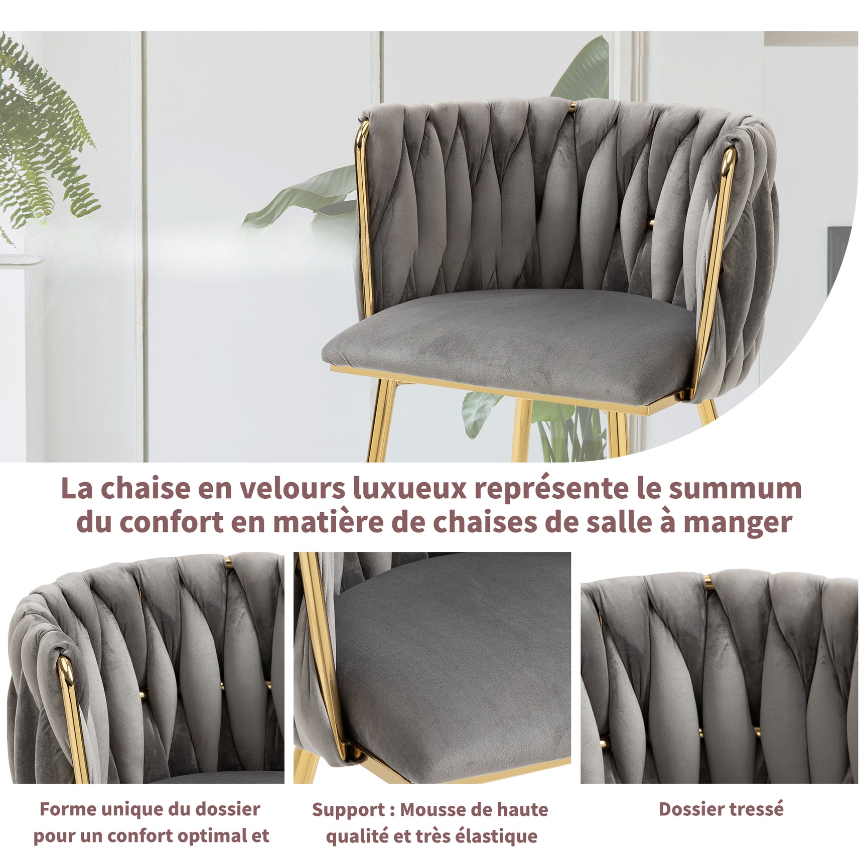 Lot de 2 Chaises en Velours Luxueuses Chaises à Dos Tressé avec Pieds Métal Doré pour Salon Chambre à Coucher Salle à Manger, Gris