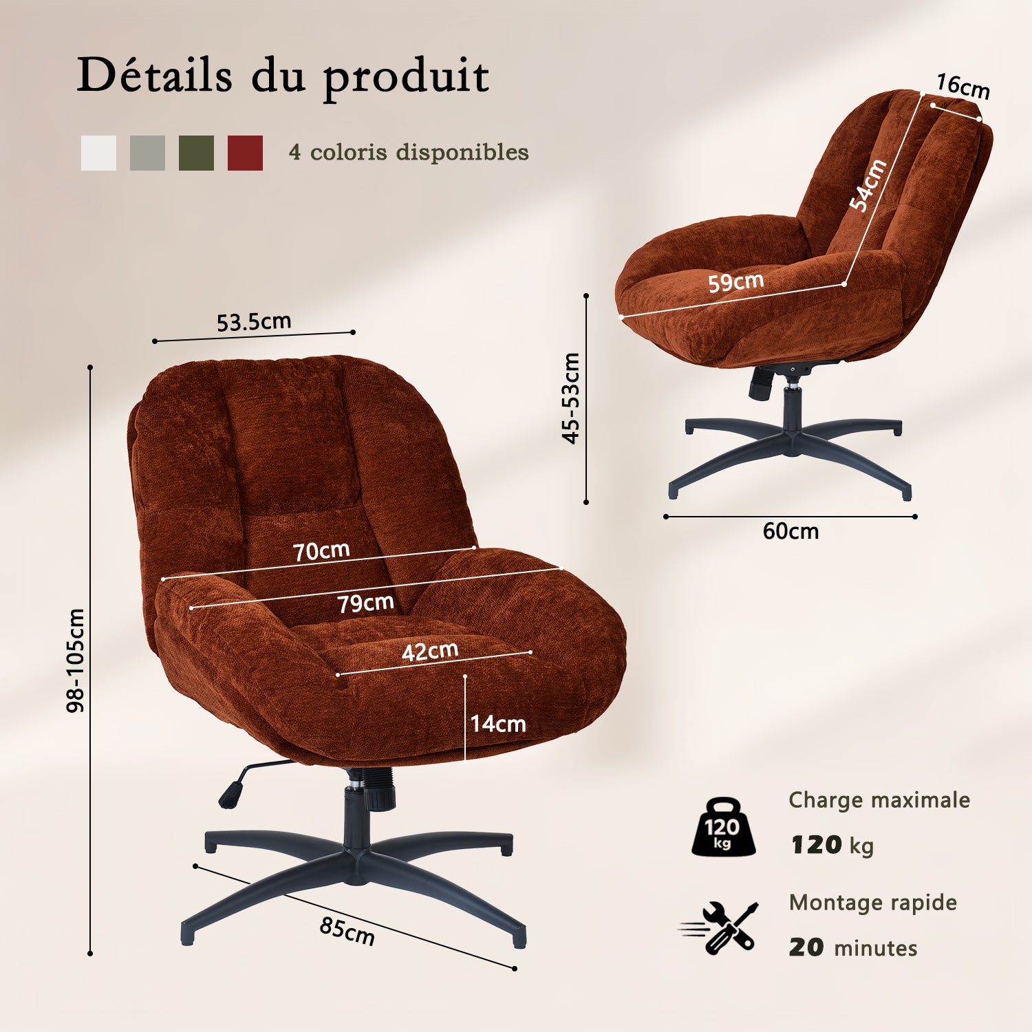 Fauteuil de bureau pivotant scandinave avec accoudoirs en tissu chenille, réglable, terracotta - LITHOPS FIX