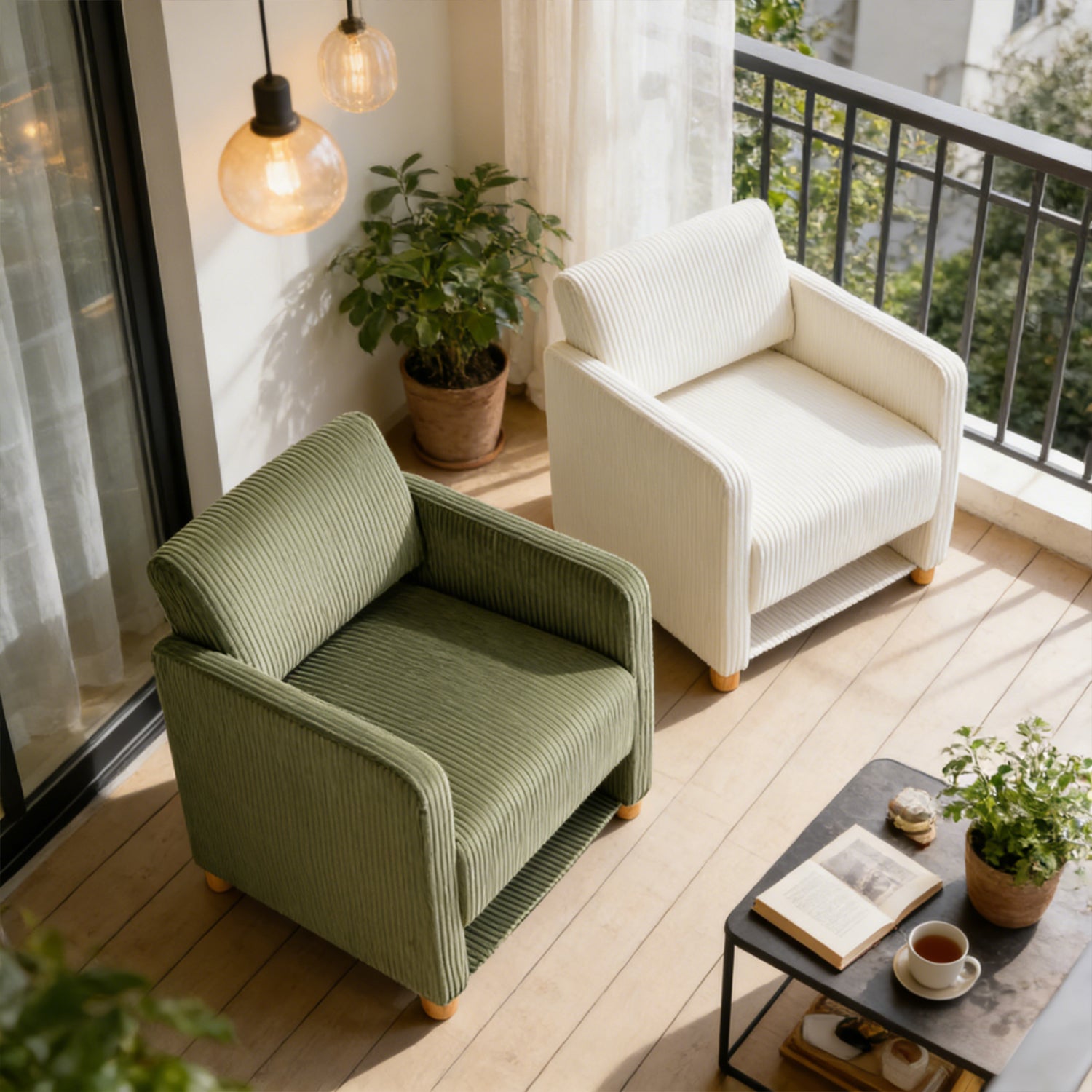 Lounge armchair with armrests in beige corduroy - DOMCO