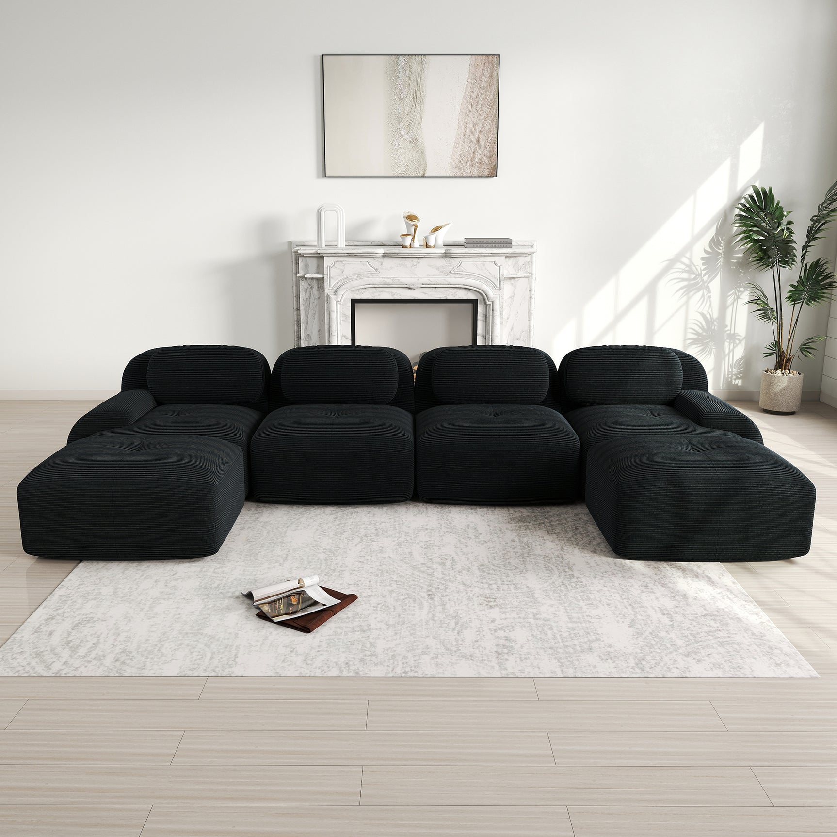 Ensemble de canapés avec accoudoirs incurvés et base antidérapante en tissu velours côtelé doux pour le salon, noir, siège 4+tabouret 2