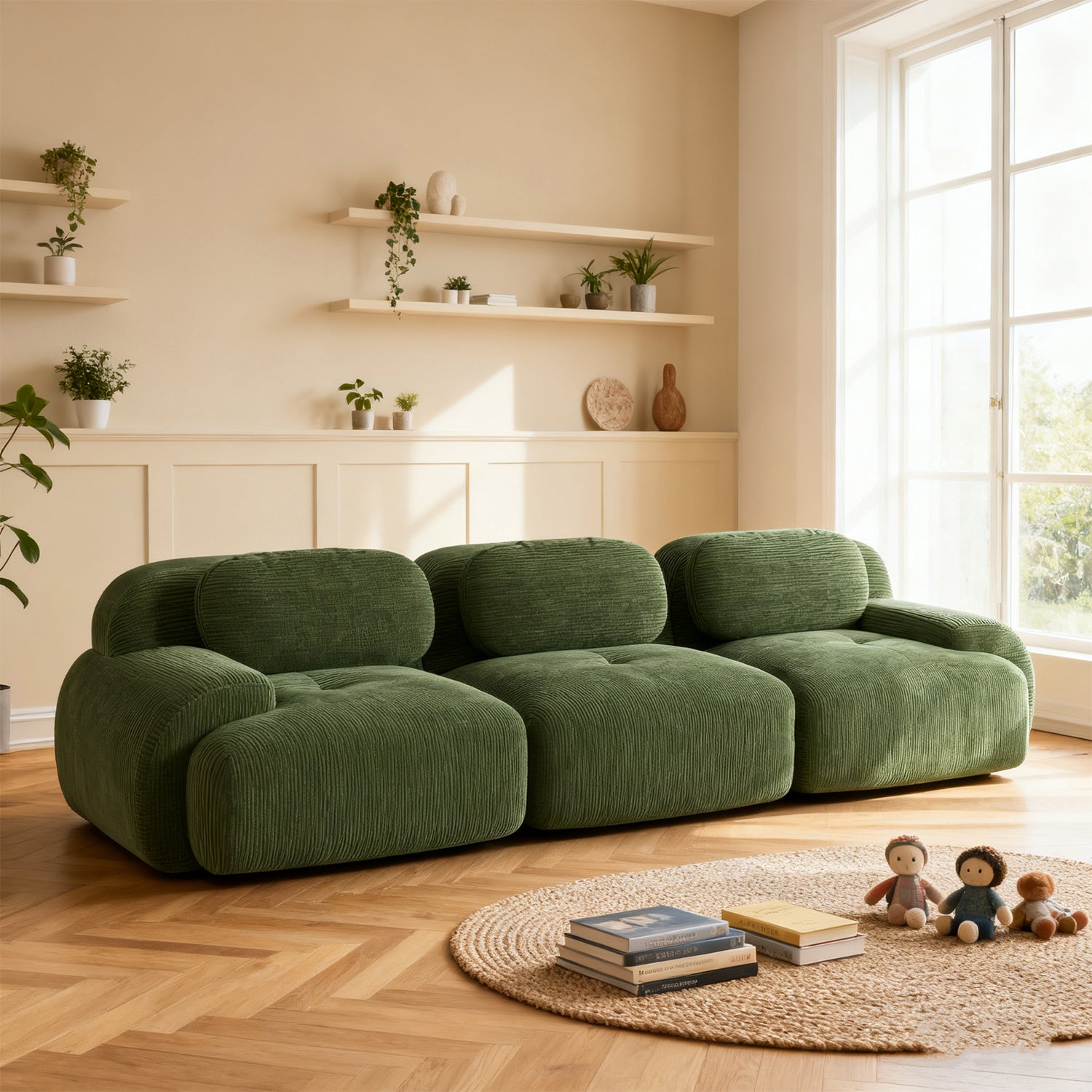 Ensemble de canapés avec accoudoirs incurvés et base antidérapante en tissu velours côtelé doux pour le salon, vert, siège 3