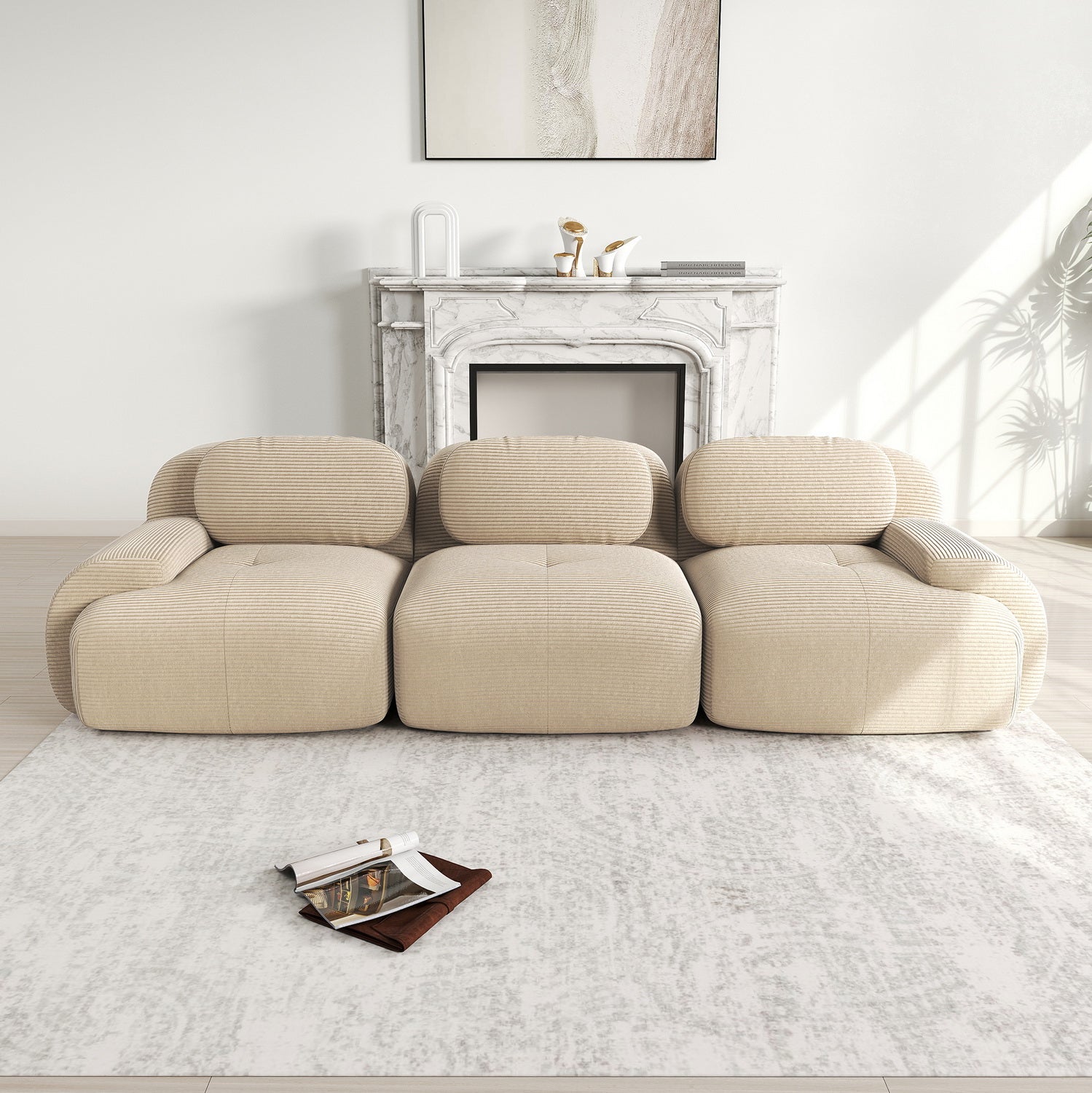 Ensemble de canapés avec accoudoirs incurvés et base antidérapante en tissu velours côtelé doux pour le salon, beige,siège 3