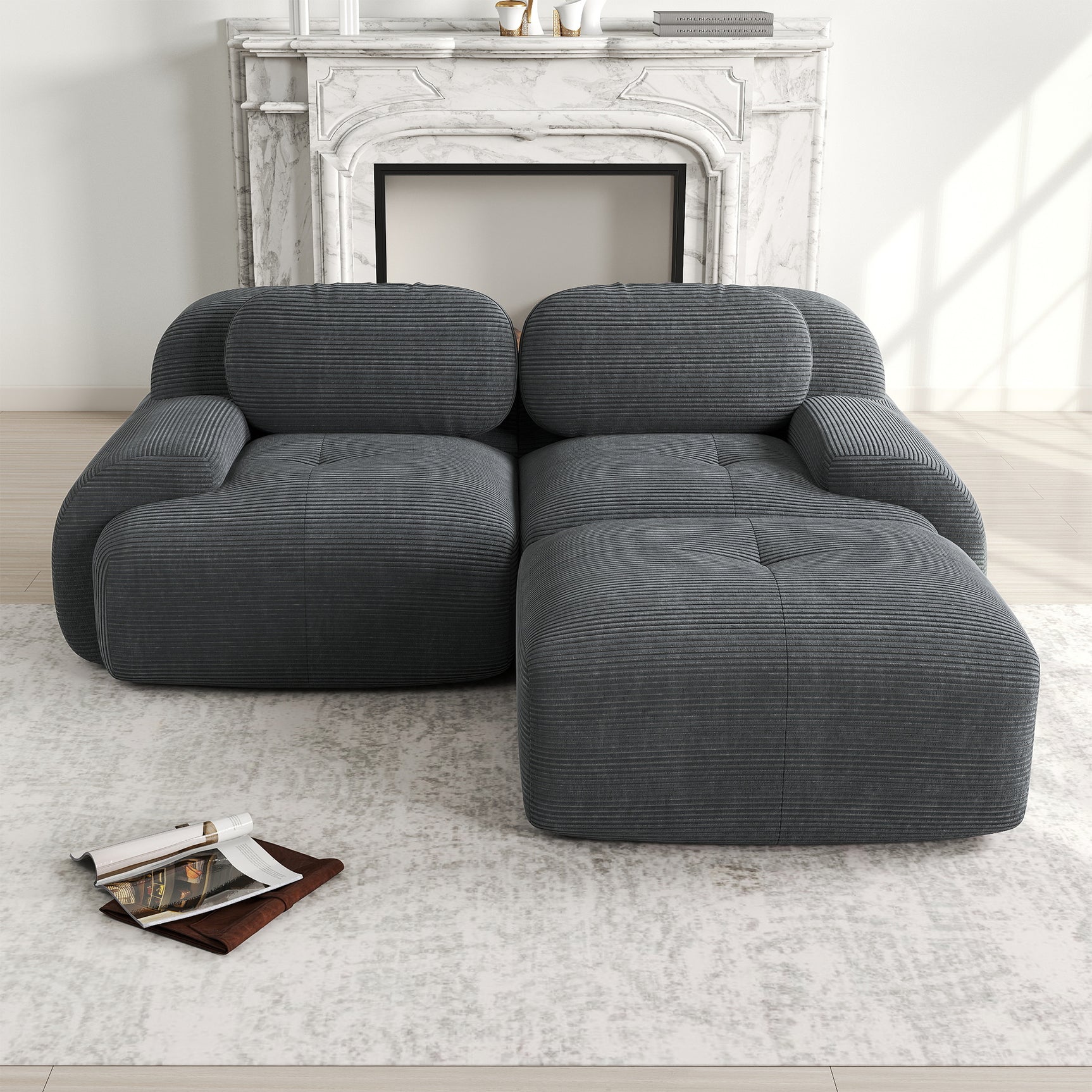 2-seater sofa bed in dark gray fabric with side pockets, modern convertible sofa