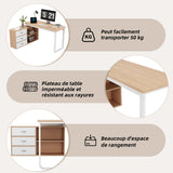 Bureau simple en bois naturel avec 3 tiroirs et 2 niches ouvertes, 147×100×75,3 cm