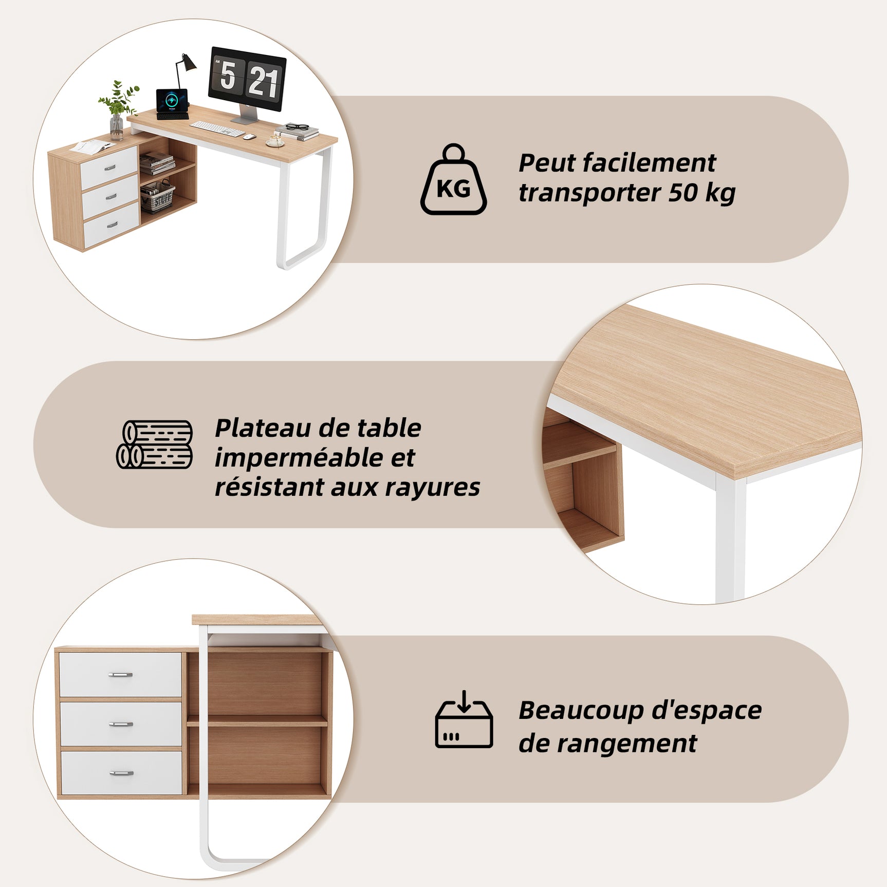 Bureau simple en bois naturel avec 3 tiroirs et 2 niches ouvertes, 147×100×75,3 cm