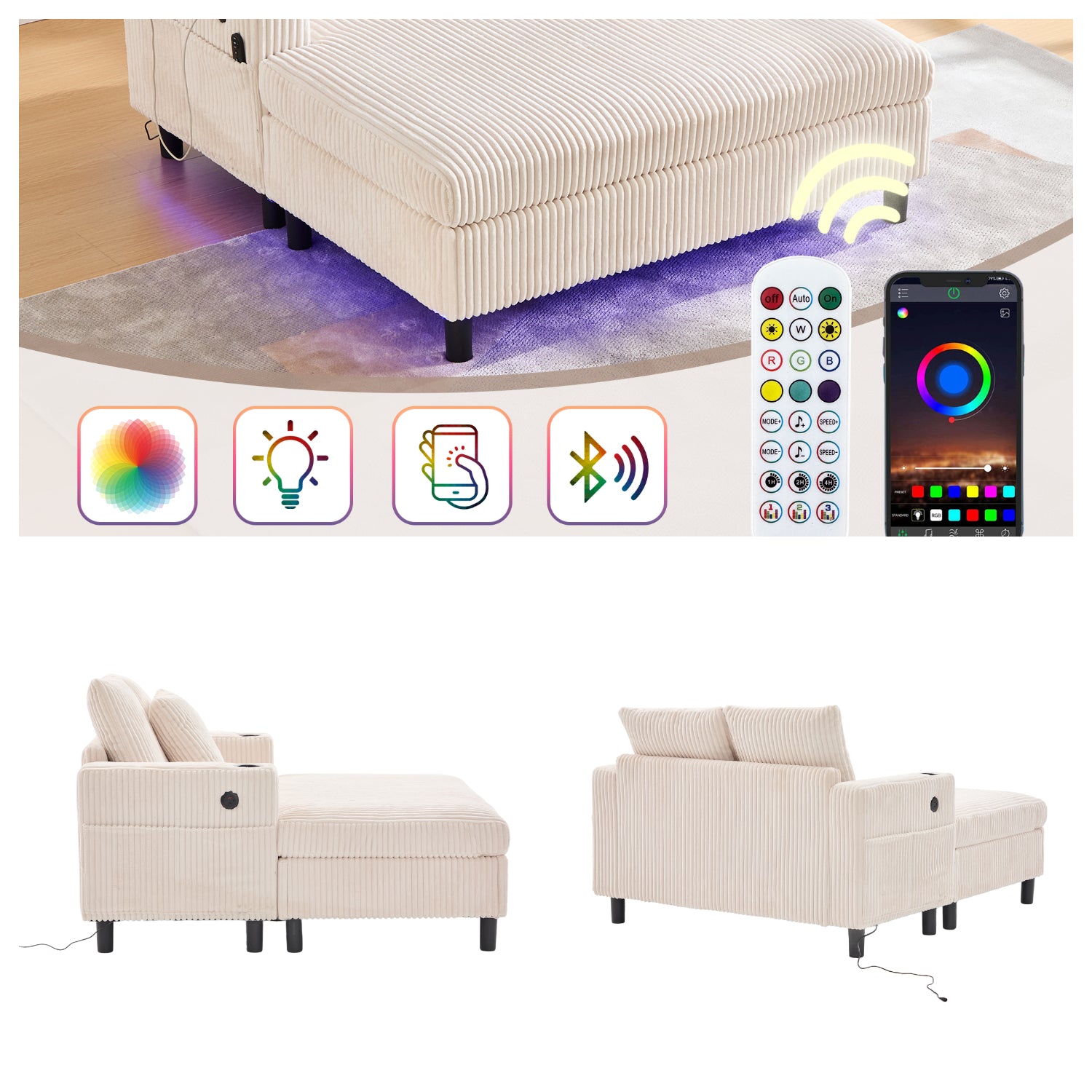 Canapé lounge en velours côtelé souple avec ports USB et éclairage d'ambiance LED, beige