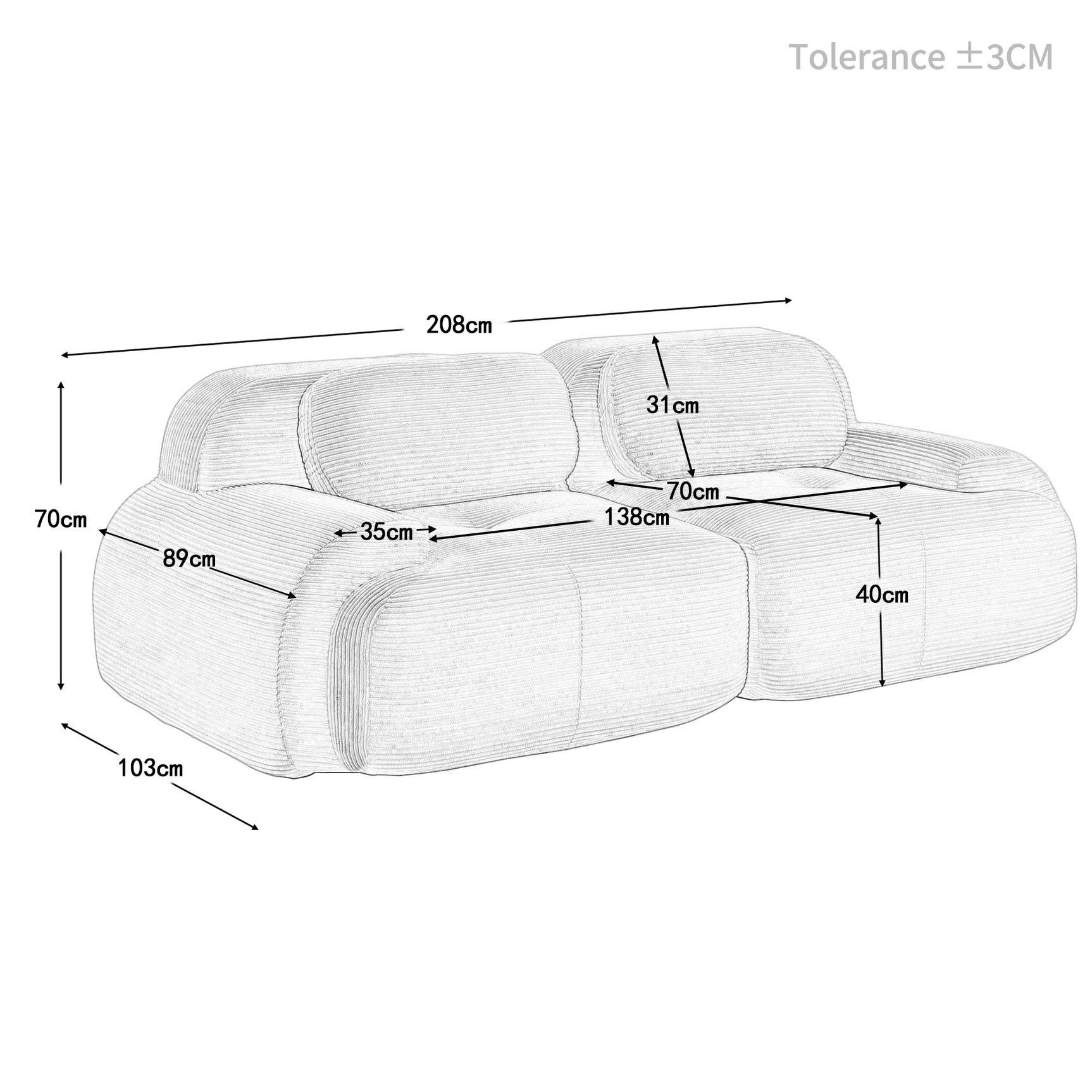 Ensemble de canapés avec accoudoirs incurvés et base antidérapante en tissu velours côtelé doux pour le salon, vert, siège 2