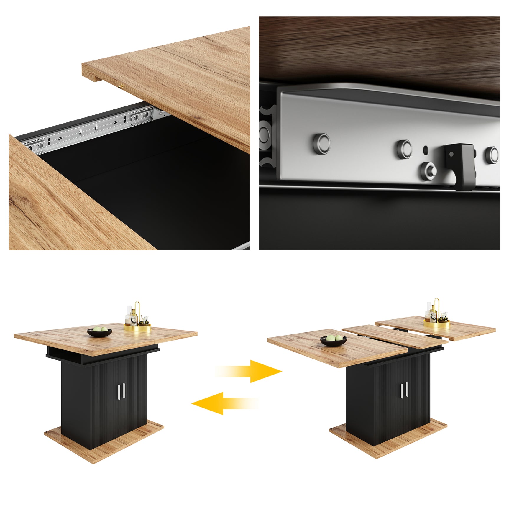 Extensible dining table 140/180x80x75 cm with MDF tray white marble effect and black metal feet