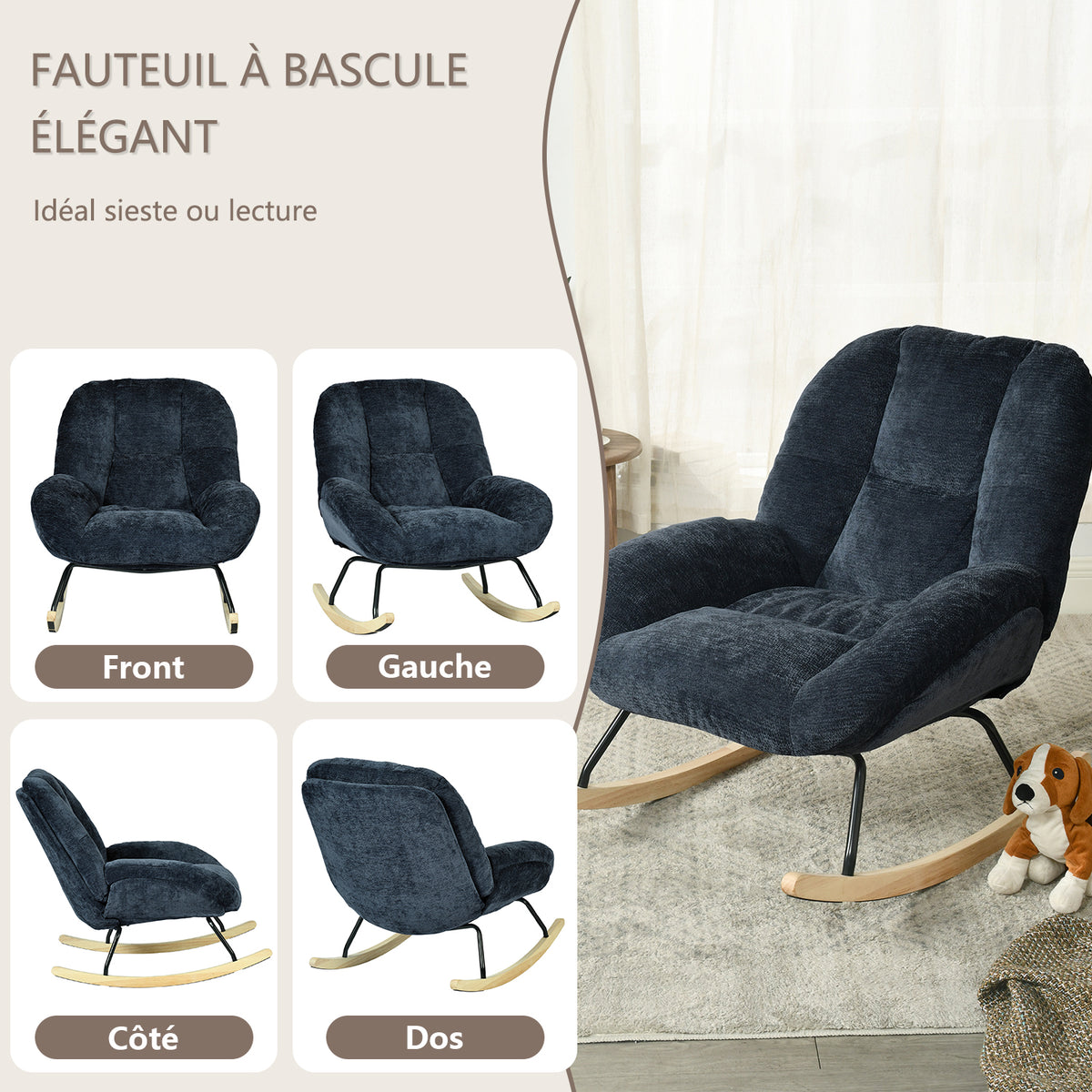Fauteuil à bascule scandinave en tissu chenille avec accoudoirs pour salon ou chambre à coucher, bleu - LITHOPS